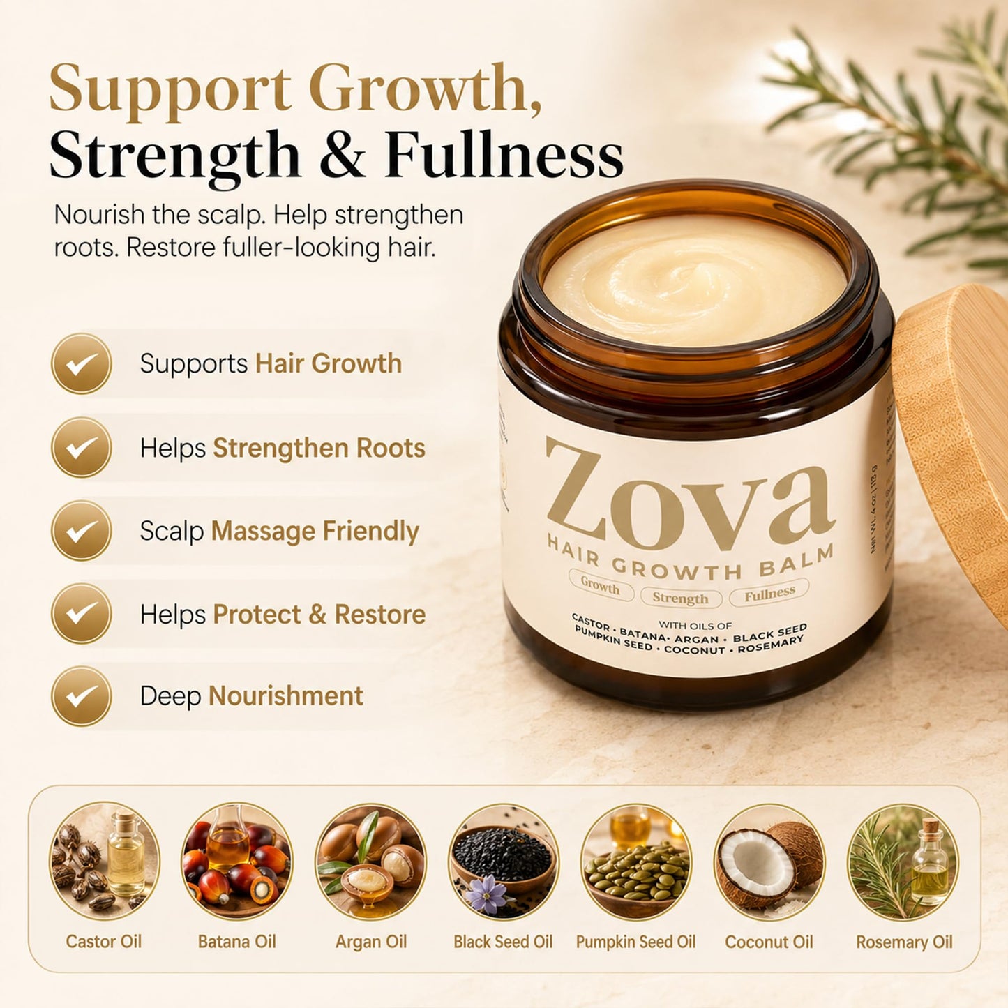Zova Growth Hair Balm – Batana, Castor, Argan & Rosemary Oil Blend for Thicker, Stronger Hair – Deep Scalp Nourishing Hair Treatment for Men & Women – Natural Hair Repair & Moisturizing Balm 4 oz