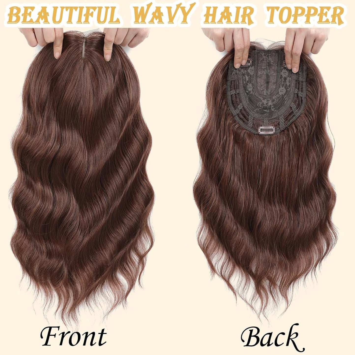 Hair Topper for Women - 16 Inch Synthetic Curly Clip-In with Curtain Bangs | Auburn Brown Lightweight Volume Piece