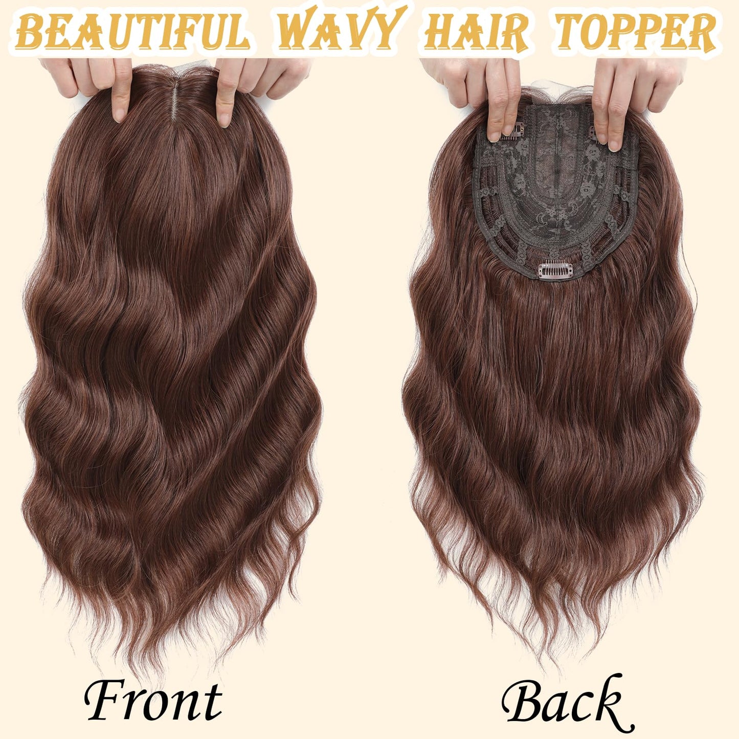 16 Inch Hair Topper for Women with Thinning Hair, Synthetic Curly Wavy Clip-In Topper with Curtain Bangs Natural Looking Crown Coverage Lightweight Hair Piece for Volume(Auburn Brown)