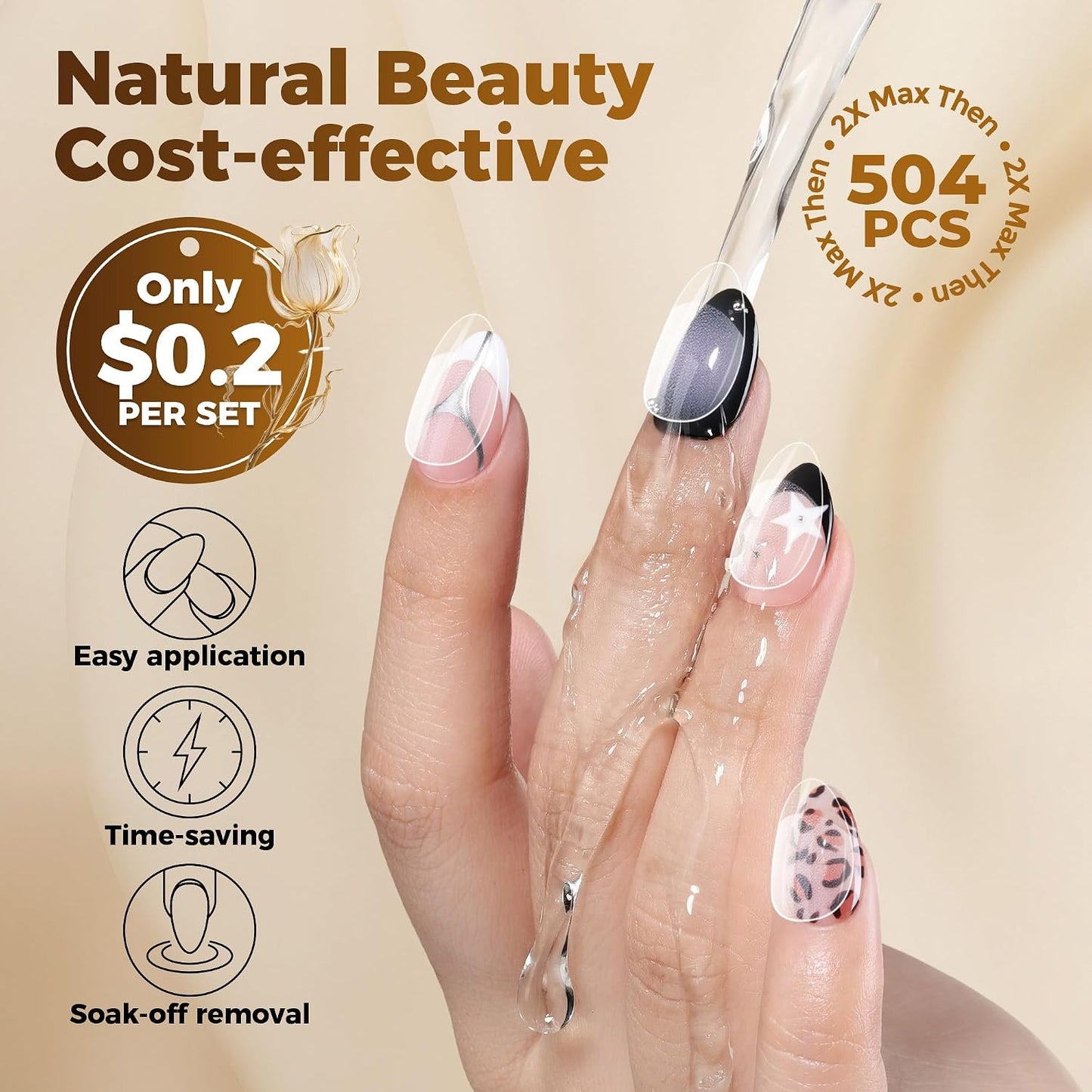 Short Oval Almond Fake Nails - 504pcs Press-On Gel Nail Tips for Home DIY & Salon | 12 Sizes Available