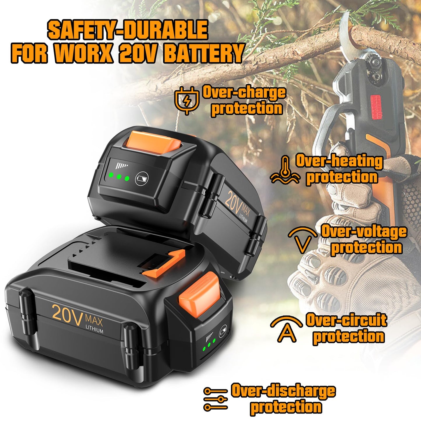 Mounzuikue Upgraded 2Packs 8.0Ah Replacement for Worx 20V Battery Lithium-ion Power Share Max WA3525 WA3575 WA3575 WA3578 WA3520 WA3742 WG155s WG251s WG890 Compatible with Worx battery 20V Power Tools