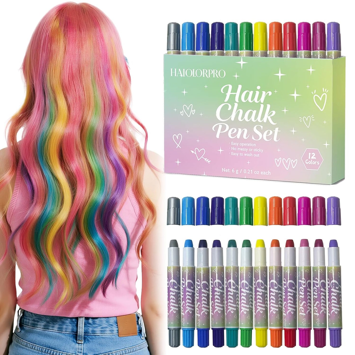 Hair Chalk Set - 12 Washable Temporary Hair Colors for Kids & Adults | Perfect for Parties & Holidays
