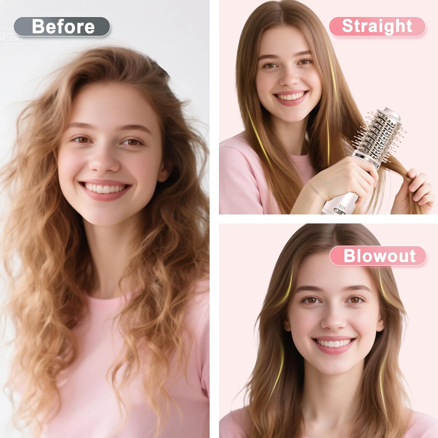 Dual Voltage Hair Dryer Brush - 4 in 1 Mini Hot Air Brush for Short Hair | Volumizer, Pink, 110-240V