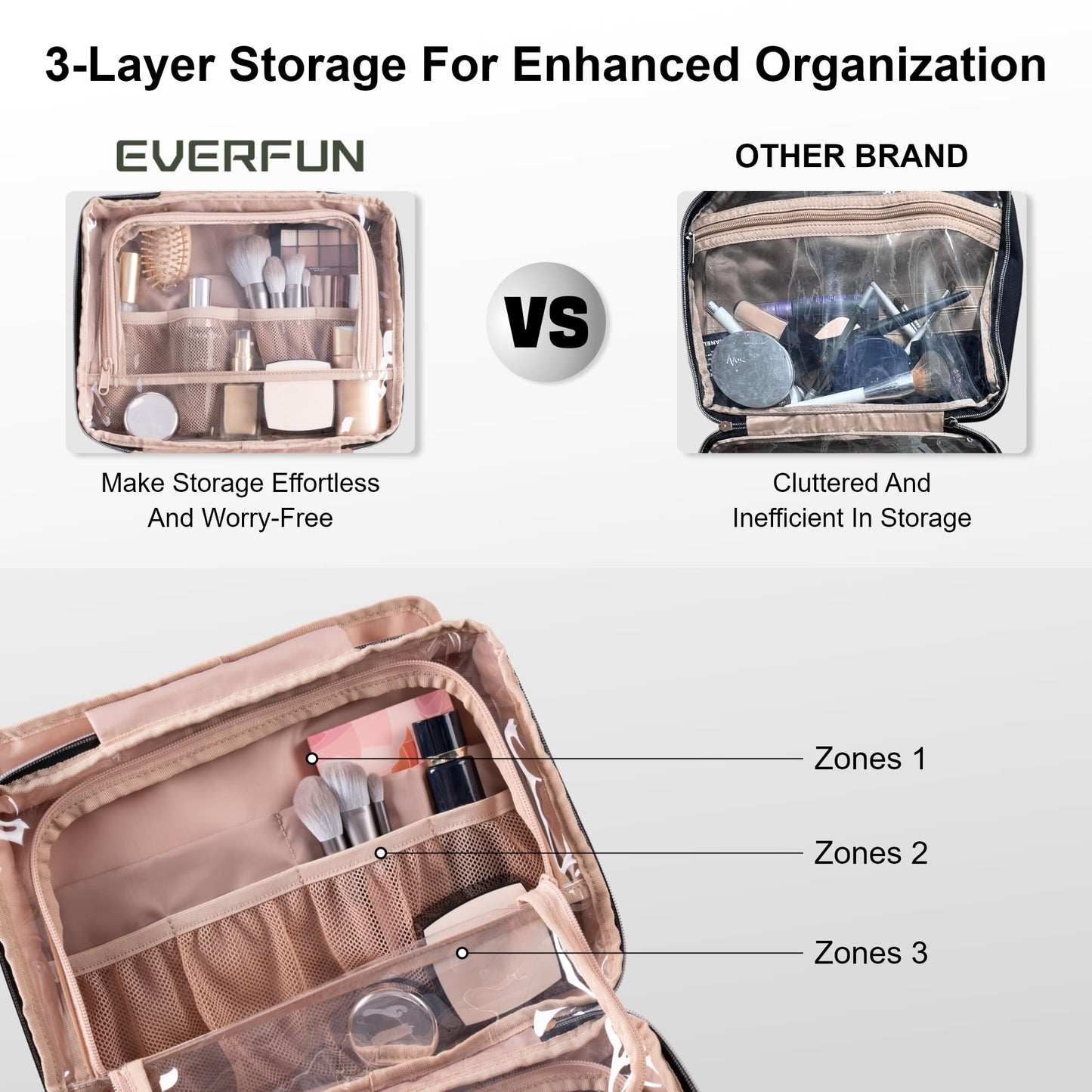 Everfun Travel Toiletry Bag with Hanging Hook and Leakproof Wet/Dry Compartments, Large Capacity Makeup Cosmetic Organizer for Women, 12x9x4.5 Inch, Black Leaves