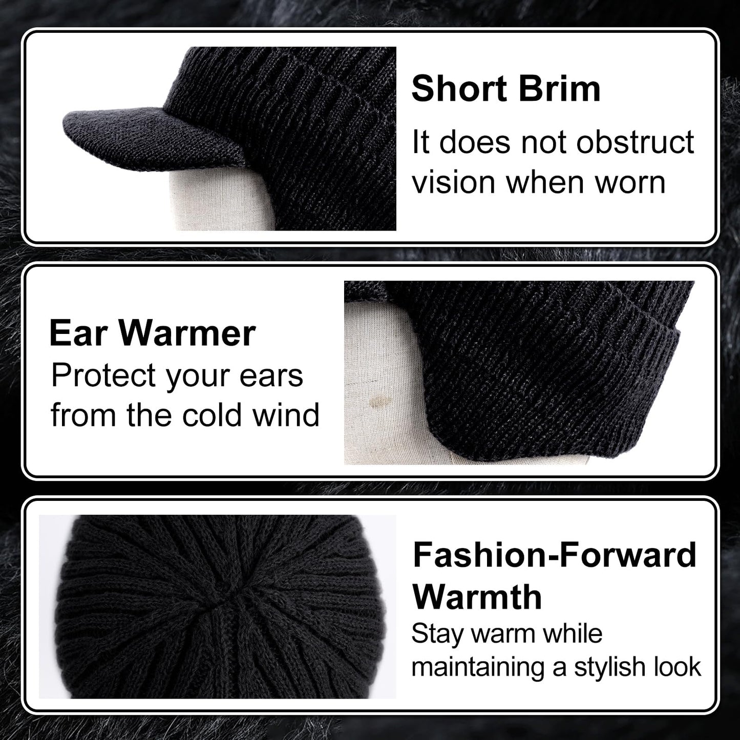 Cozy Head Beanies for Women Men, 2026 New Cozyhead Hats with Brim and Ear Flaps Outdoor Winter Warm Knitted Black