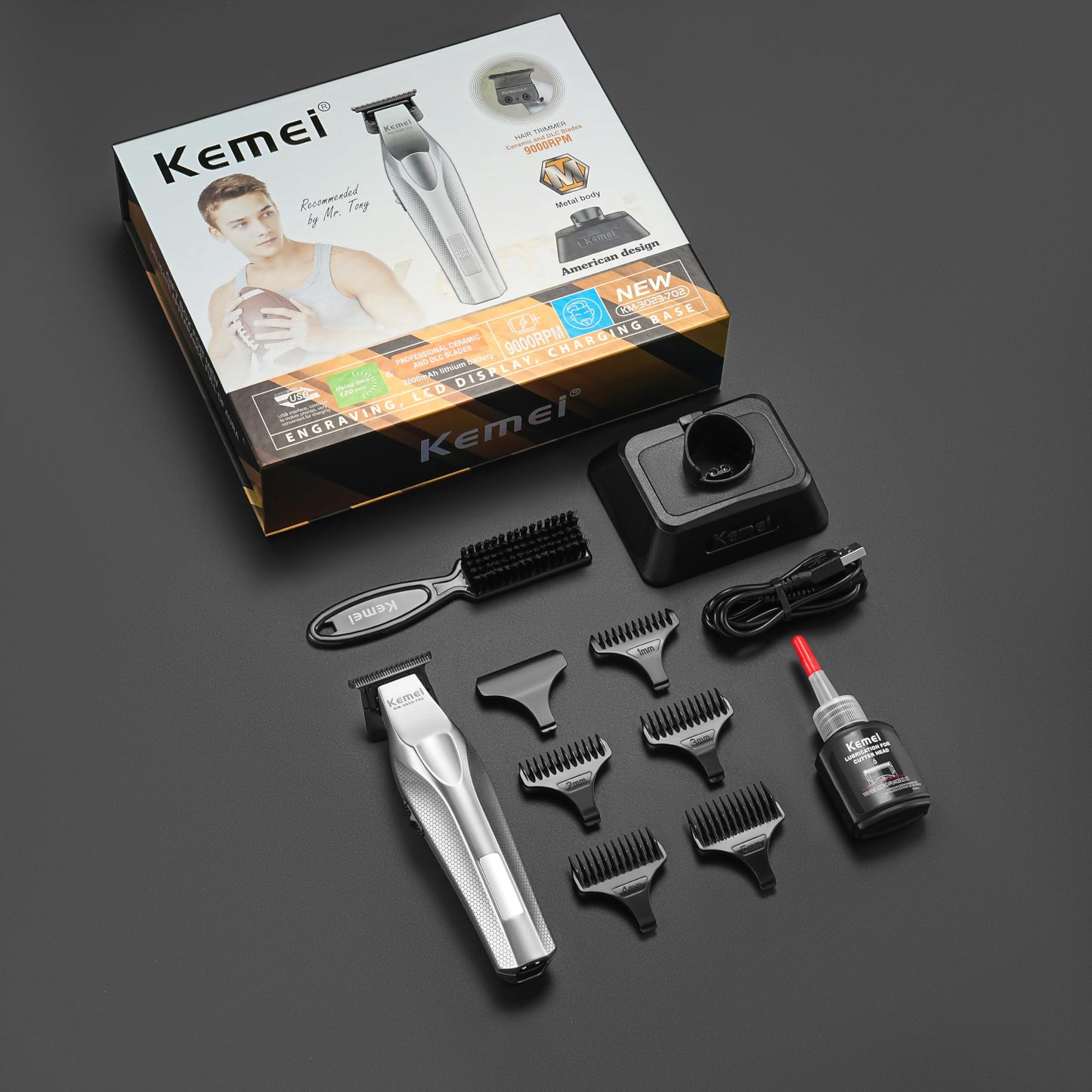 KEMEI Hair Trimmer for Men, Coldless Hair Clippers for Men Professional 9000 RPM Mens Hair Trimmer with LED Display Zero Gap Trimmers for Barbers Ceramic and DLC Blades KM-3023-702