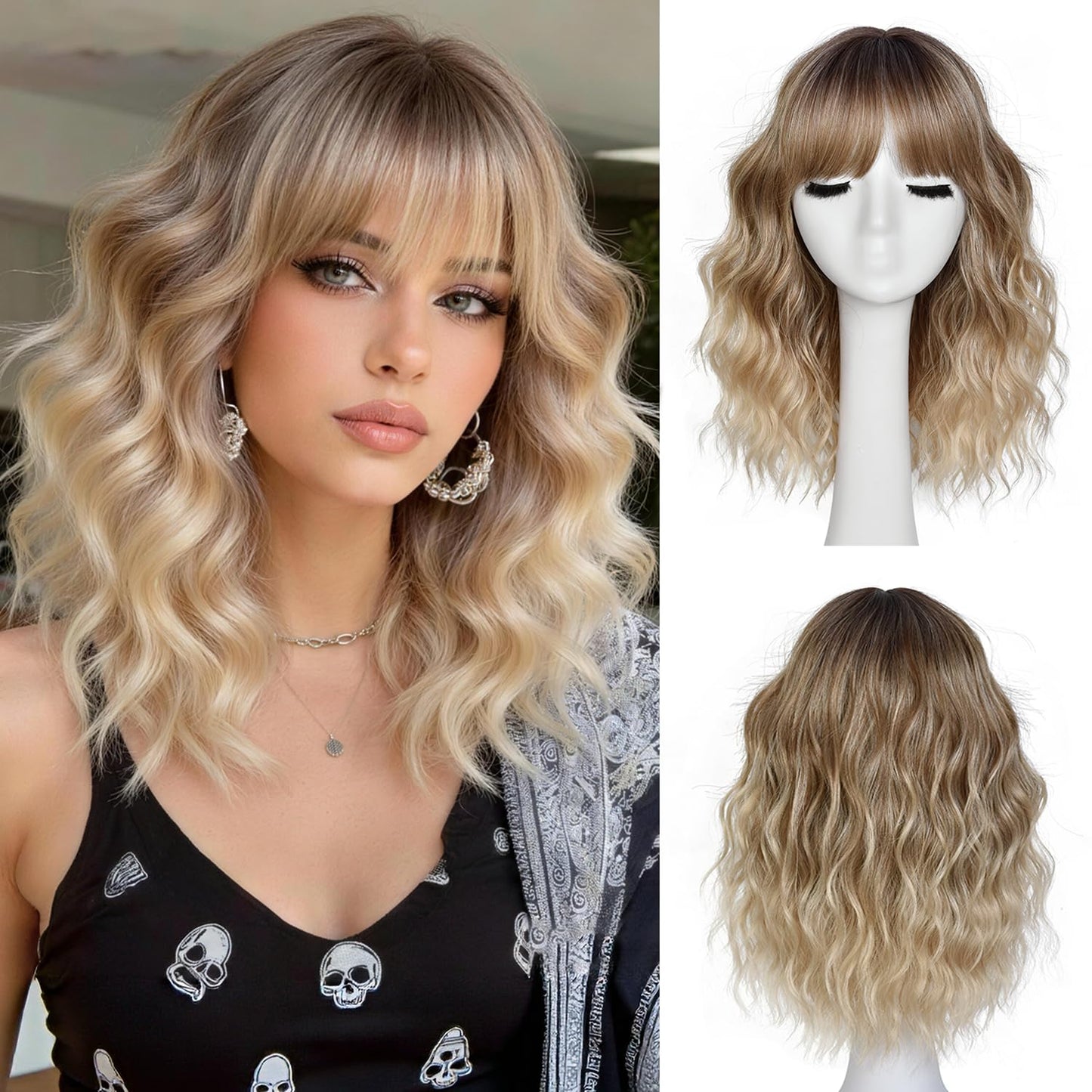Short Wavy Wig with Bangs - Natural Curly Synthetic Hair for Daily Wear | 14-Inch Brown Highlight