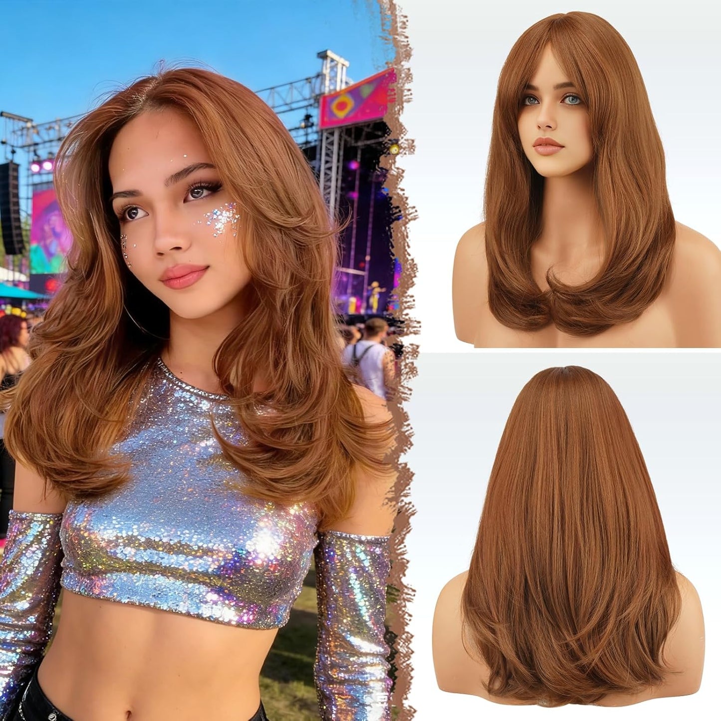 FESHFEN Auburn Wigs with Bangs for Women - 18" Long Layered Synthetic Hair for Daily & Party Wear