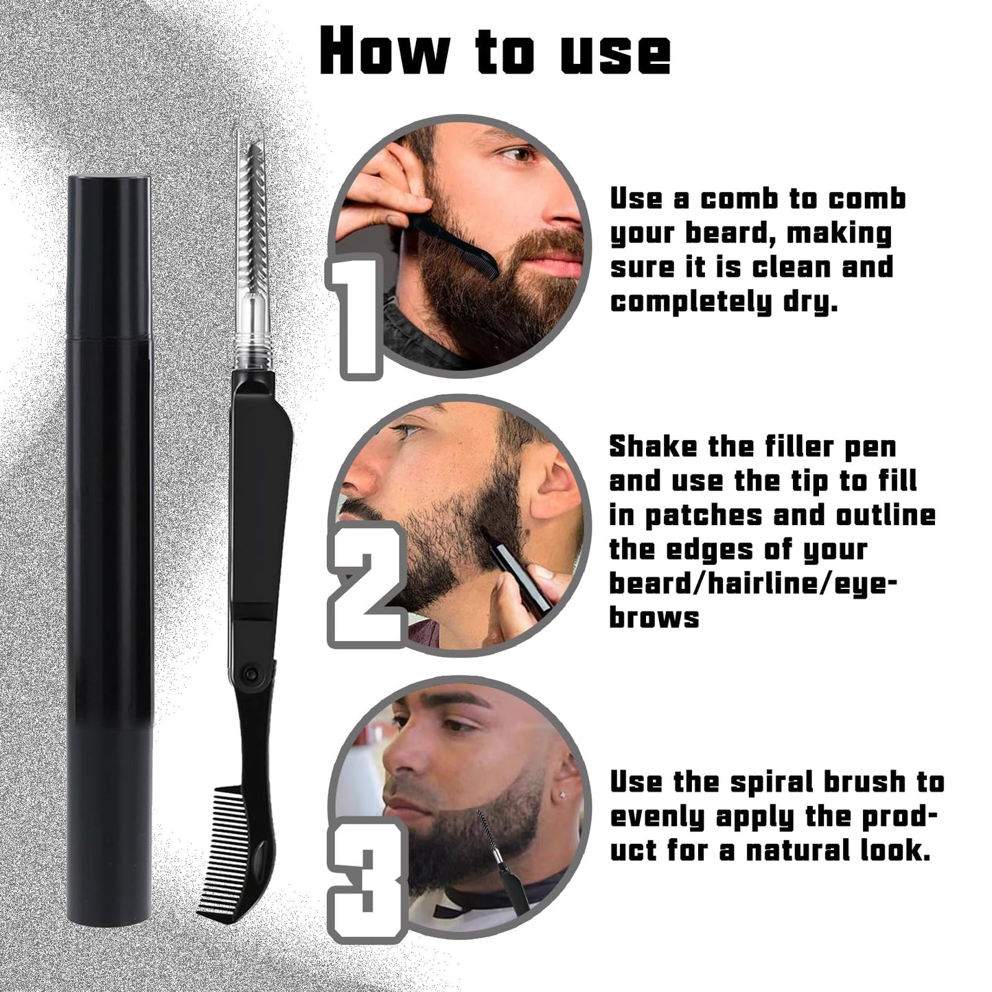 HAIOLORPRO 4PCS Beard Pen Filler and Beard Brush Double Head for Men, Beard Enhancement Barber Pencil Kit Water Proof Long Lasting Coverage, Beard Dye Filler for Eyebrow Hairline Moustache(Black)