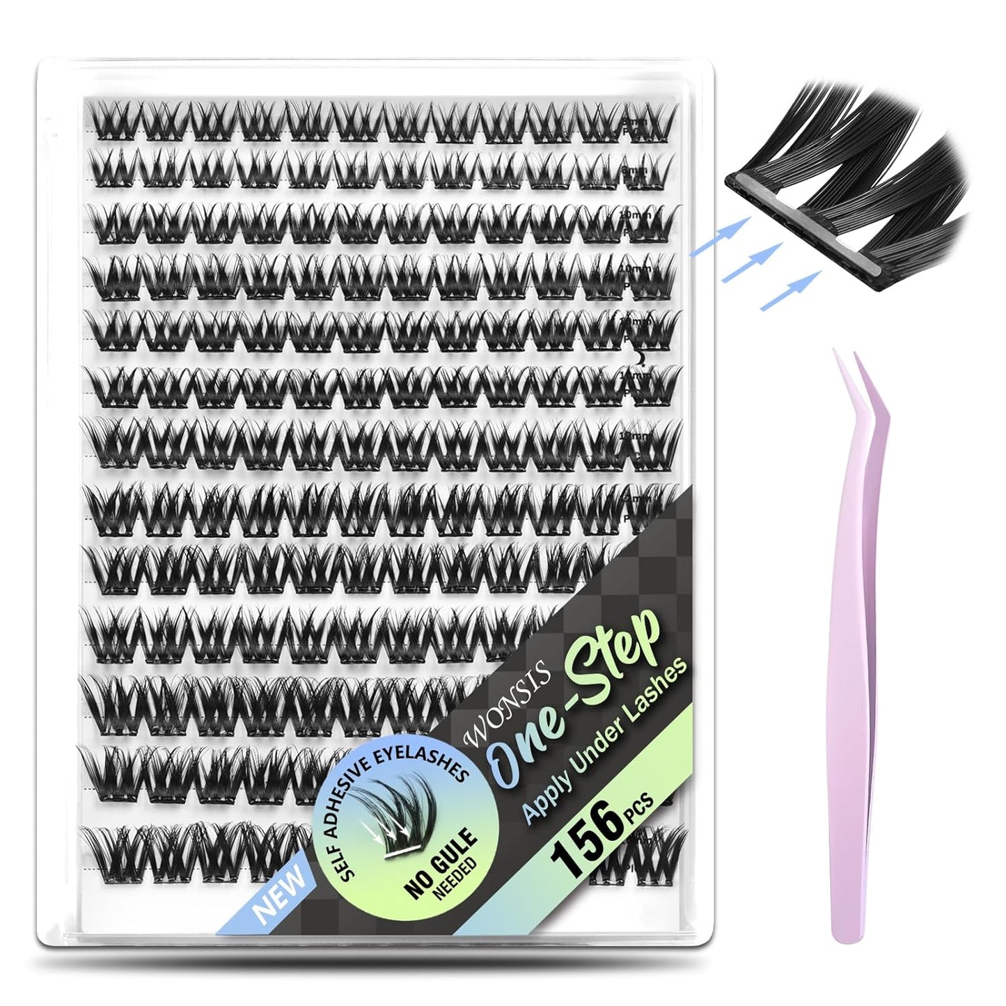 Self-Adhesive Eyelashes - 156 Pcs Pre-Glued Clusters with Invisible Tape | No Glue, Longer Lasting, Volume-Mixed