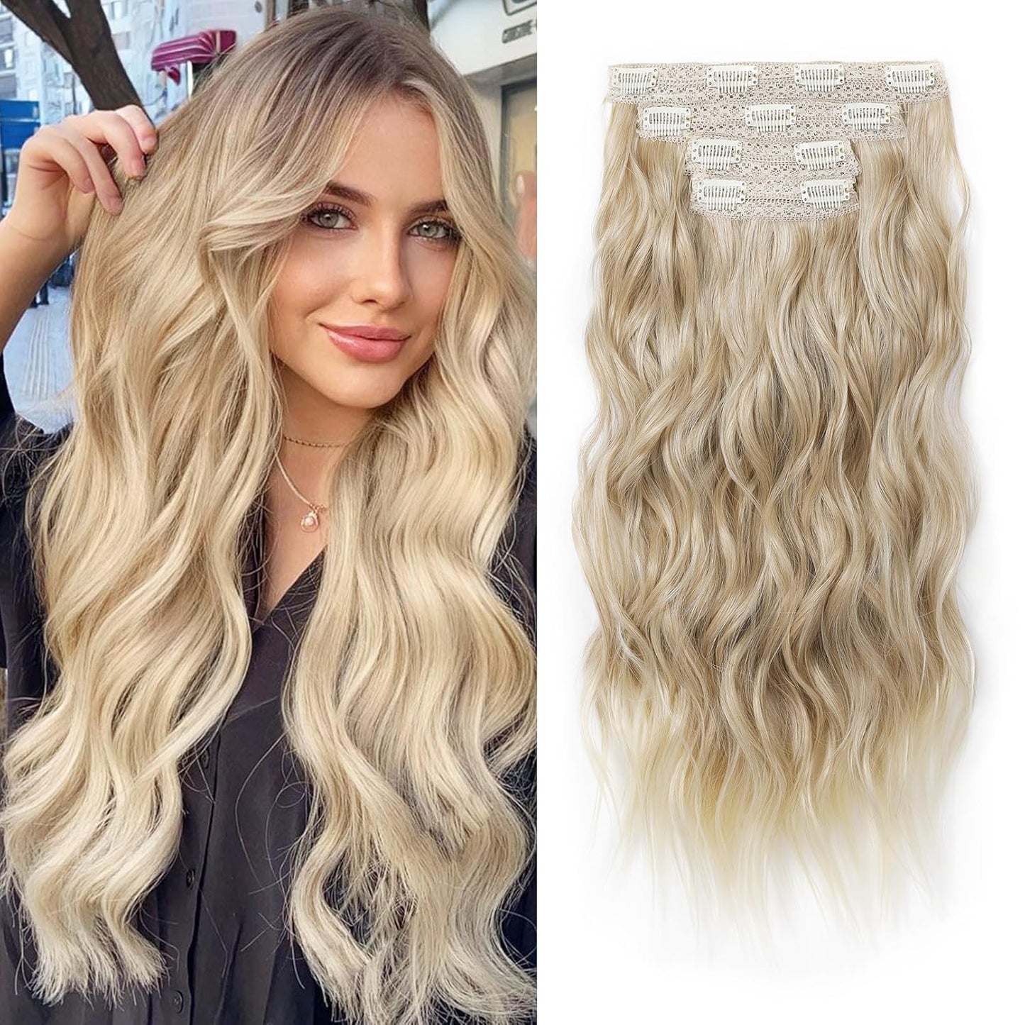 REECHO Clip-In Hair Extensions - 24" Thick Blonde Beach Waves | Invisible Lace Weft, Natural Soft Hairpieces for Women