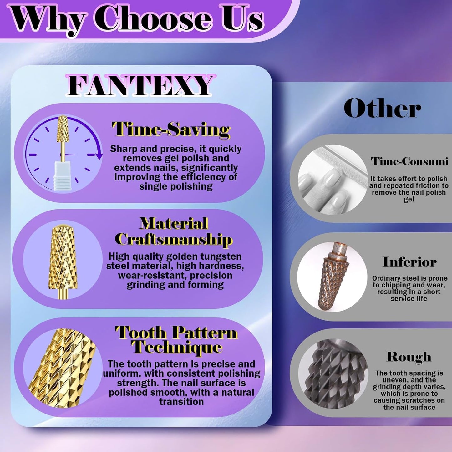 FANTEXY Nail Drill Bit - Smooth Round Top Gold Tungsten Carbide | Medium Size for Acrylic & Gel Nails