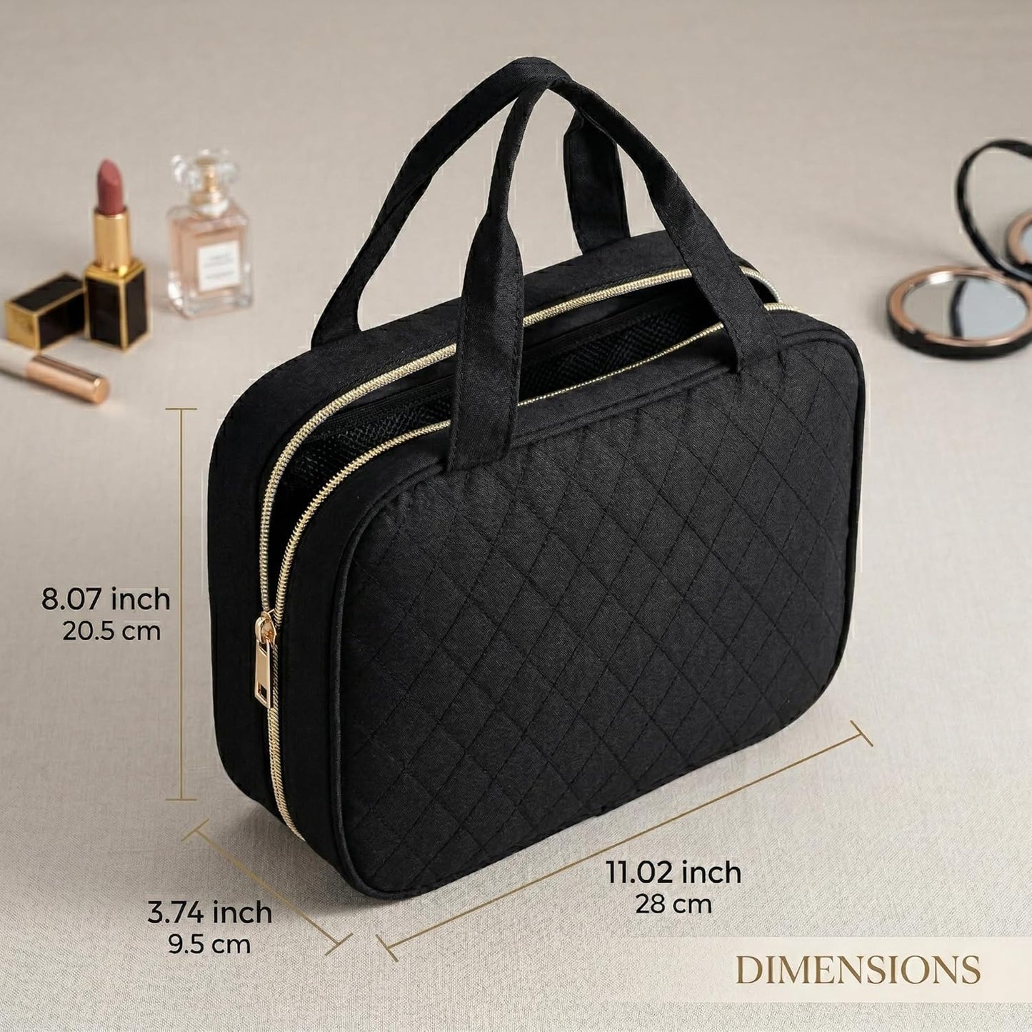 Travel Toiletry Bag - Waterproof Hanging Makeup Organizer for Women | Full-Size Cosmetic Storage (Black)