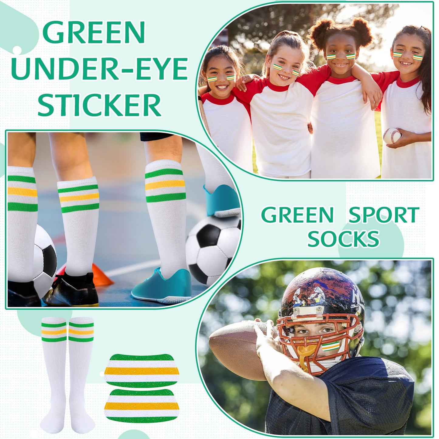 Panitay 2/12/16/24 Pairs Softball Soccer Socks Glitter Eye Black Stickers Team Spirit Accessories for Youth Women Sport Wear(12 Pcs,Green, White, Yellow)