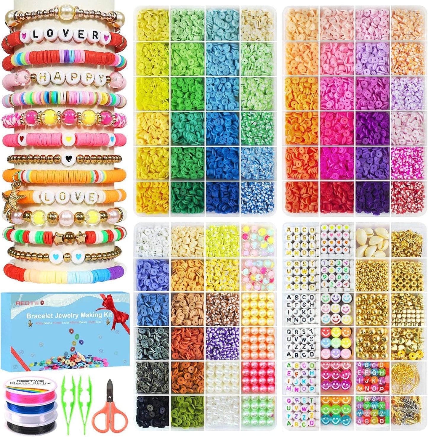 Clay Beads Bracelet Making Kit - Flat Preppy Polymer Heishi Beads with Charms | Craft Gifts for Girls Ages 8-12