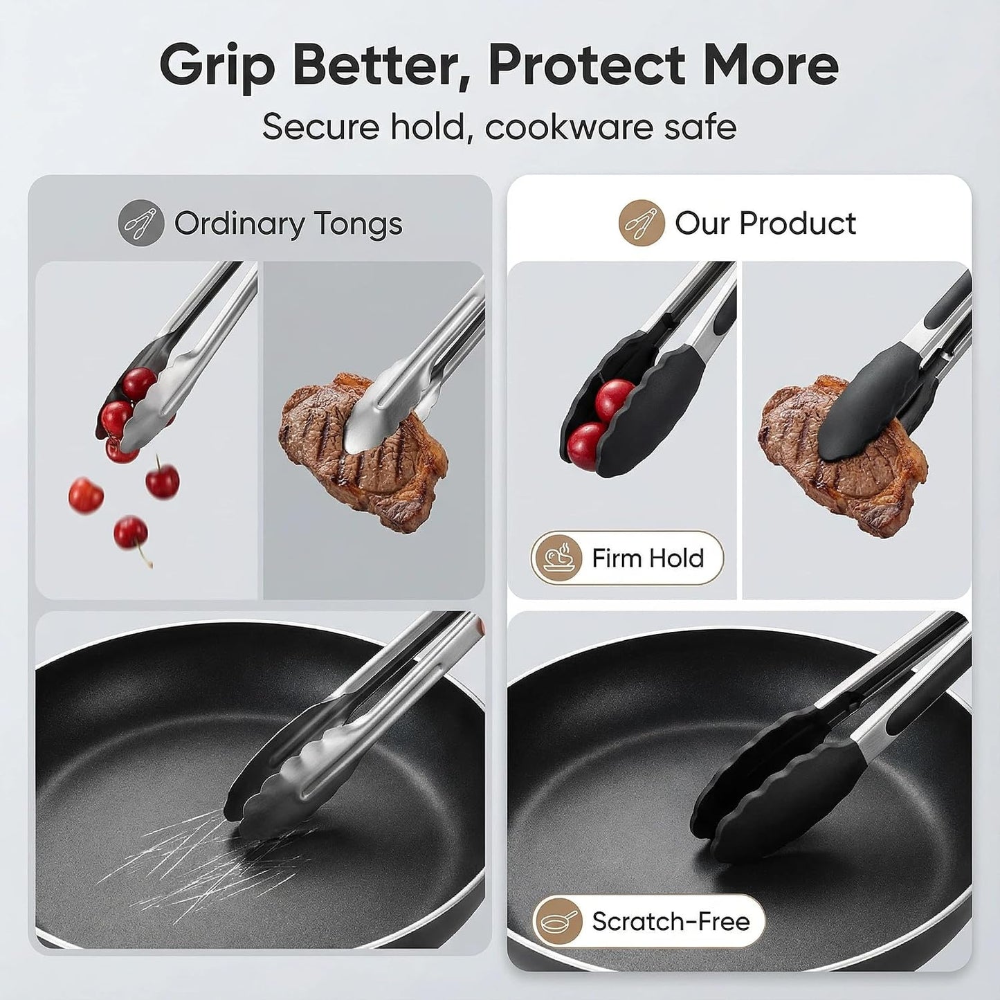 Stainless Steel Kitchen Tongs Set - Heat Resistant BBQ Tongs with Non-Scratch Silicone Tips | 7 & 9 Inch, Black