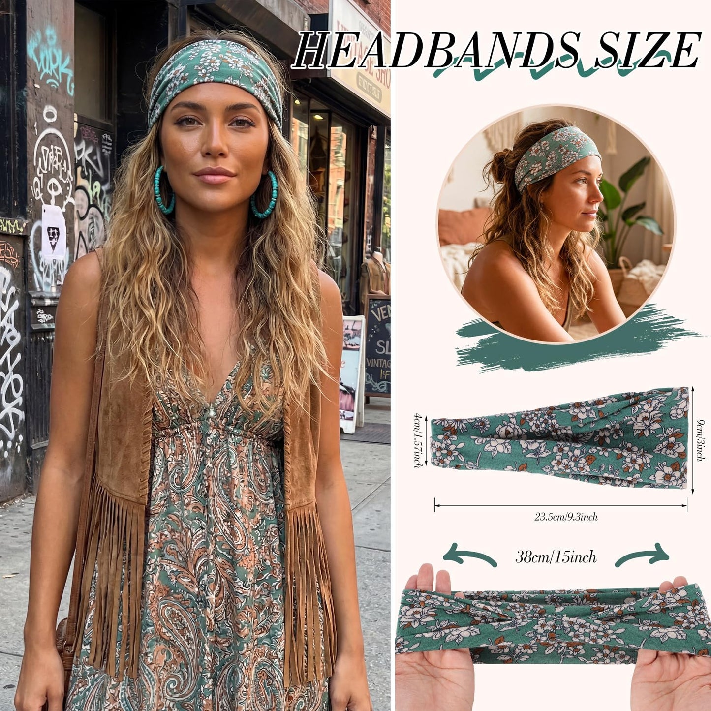 obeoby Boho Style Headbands for Women, 8 Pack Non Slip Headbands Fashion Hippie Clothes Outfit Gift Wide Hairband Hair Wrap