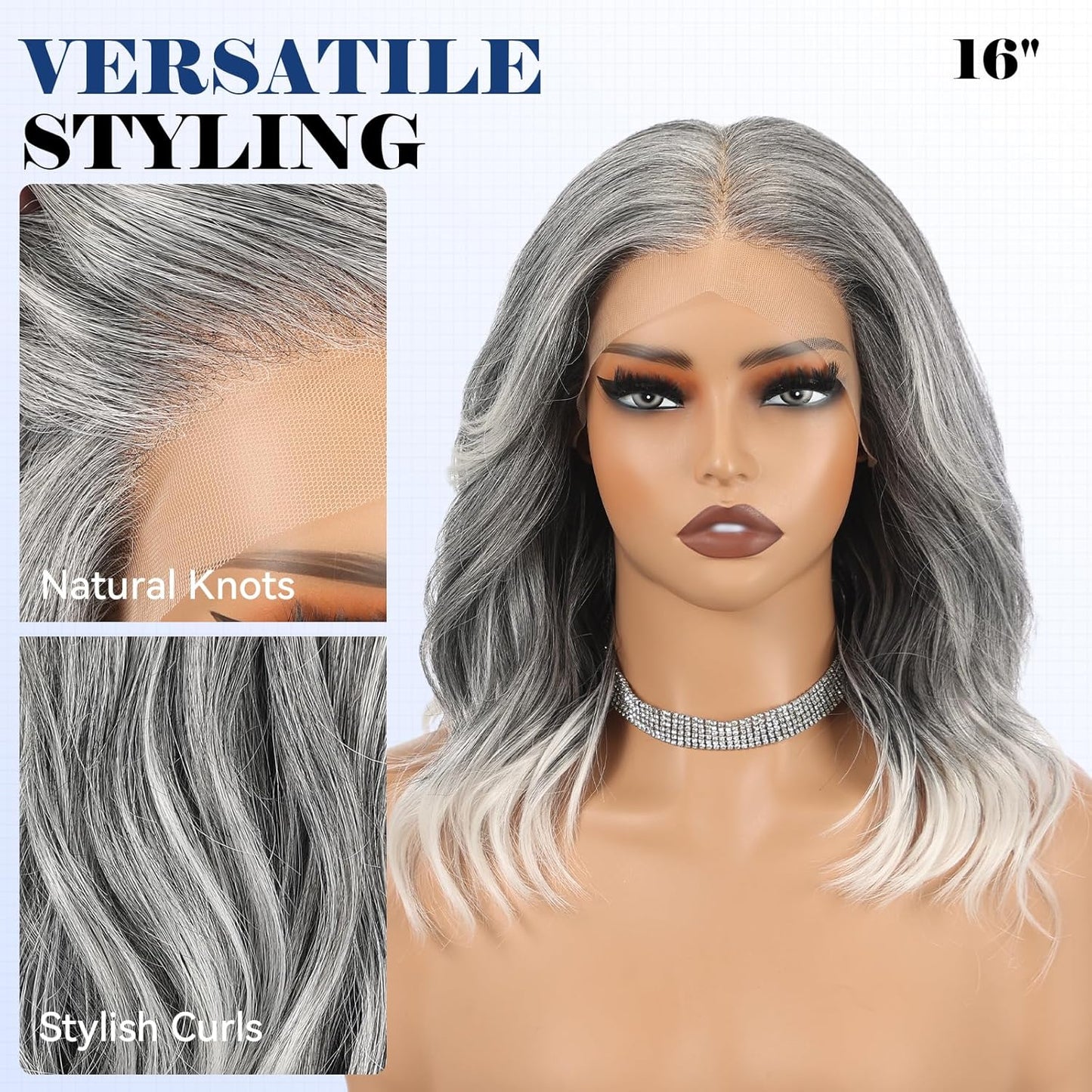 HD Lace Front Wig - 16-Inch Heat Resistant Synthetic Wavy Hair for Women | Shoulder Length Glueless Wig in Gray
