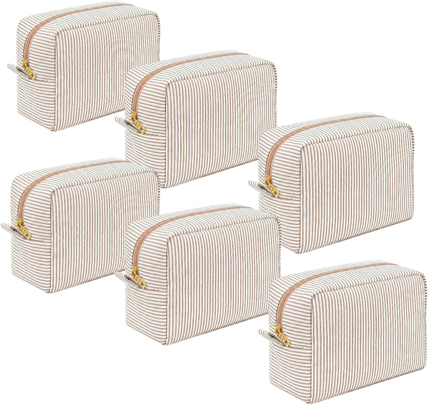 Makeup Bags Set of 6 - Large Seersucker Cosmetic Pouches for Bridesmaid Proposals | Khaki Toiletry Organizers