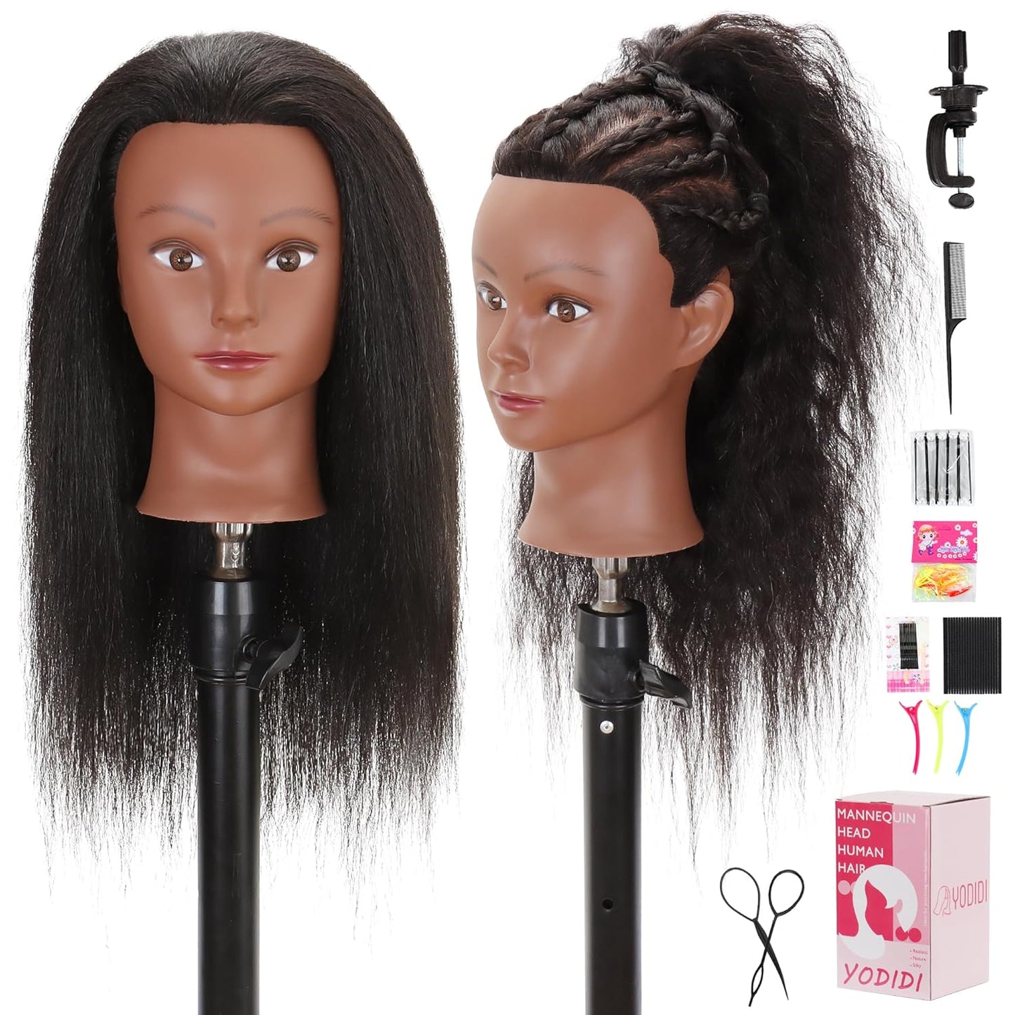 Mannequin Head with 100% Human Hair - Cosmetology Doll Head for Hair Styling | 14-Inch with Clamp & Tools