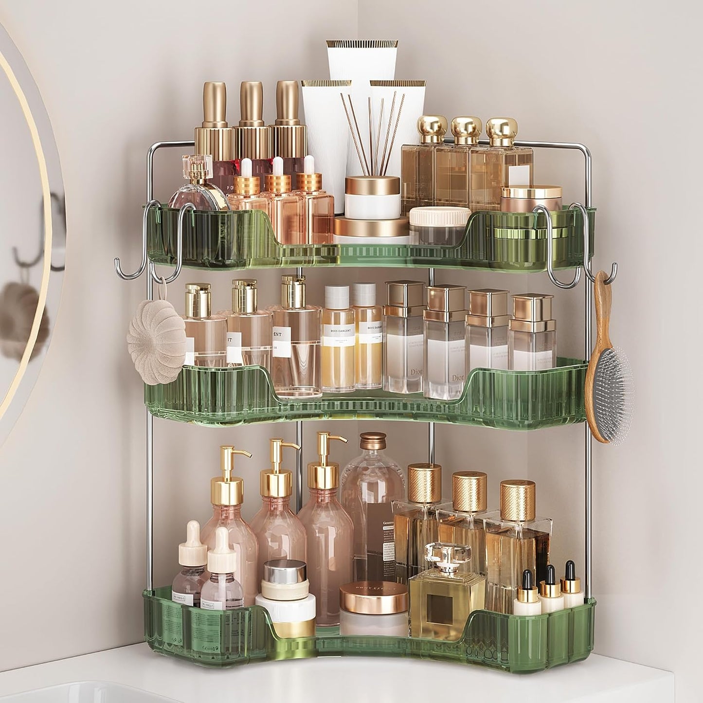 Corner Bathroom Counter Organizer - 3-Tier Storage Shelf with Hooks for Makeup & Skincare | Clear