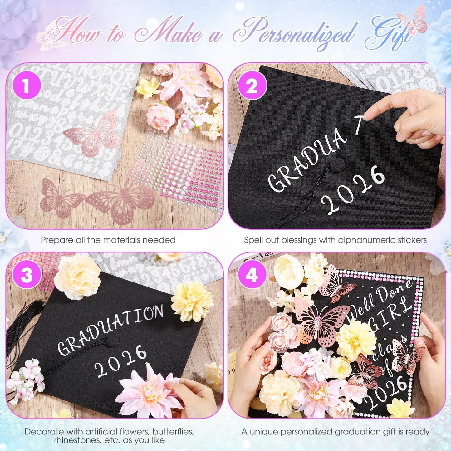 Hoteam DIY Graduation Cap Decorations Kit Included Faux Flowers 3D Butterfly Self Adhesive Rhinestones Glitter Alphabet Letter Stickers for 2026 Grad Cap Topper Party Gifts Decor(Pink)