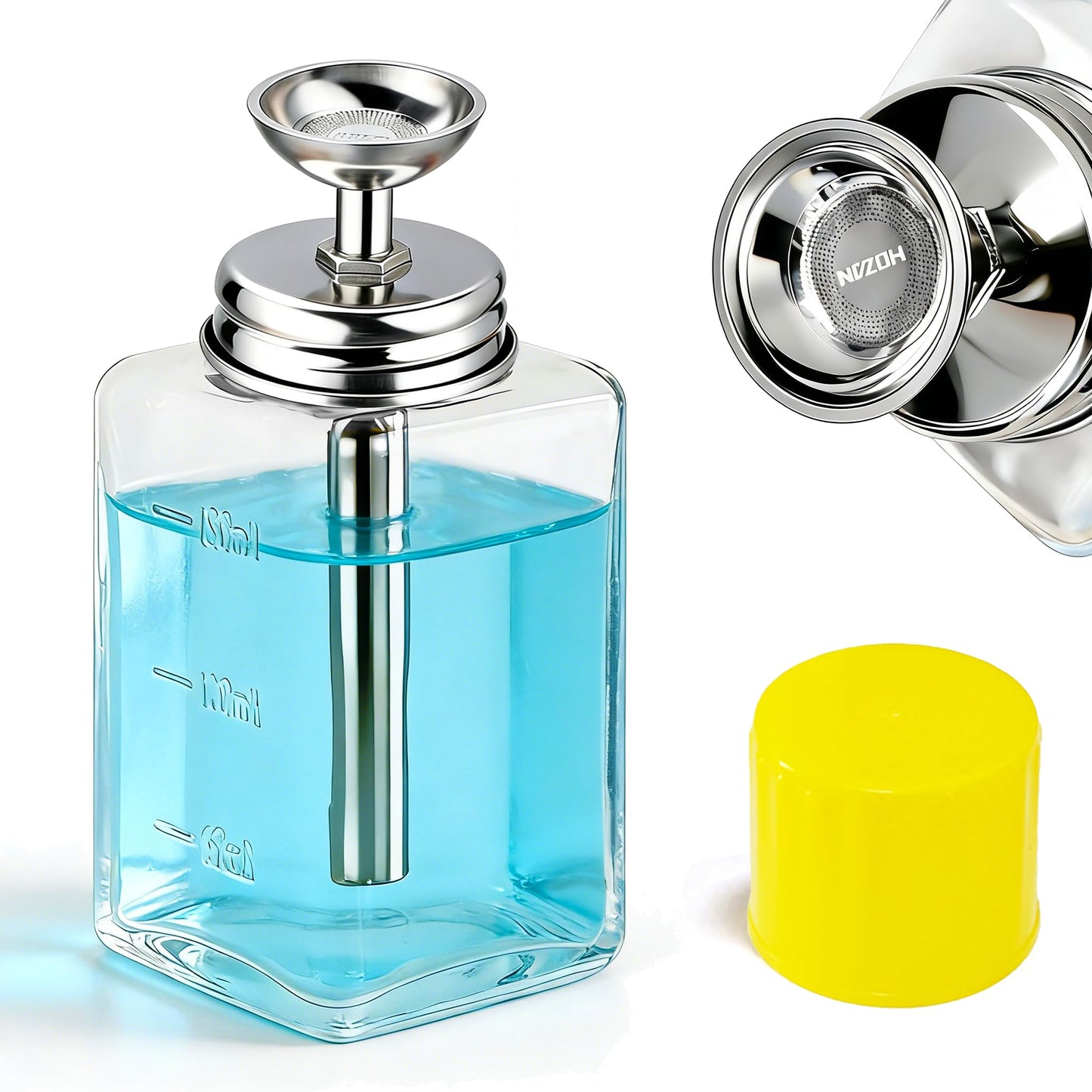 ffresiss 6oz / 180ml Glass Dispenser, Push Down Acetone Pump Alcohol Dispenser with Metal Cover, Nail Polish Remover Liquid Pump Square Bottle Hand Pumping Rubbing Press Container