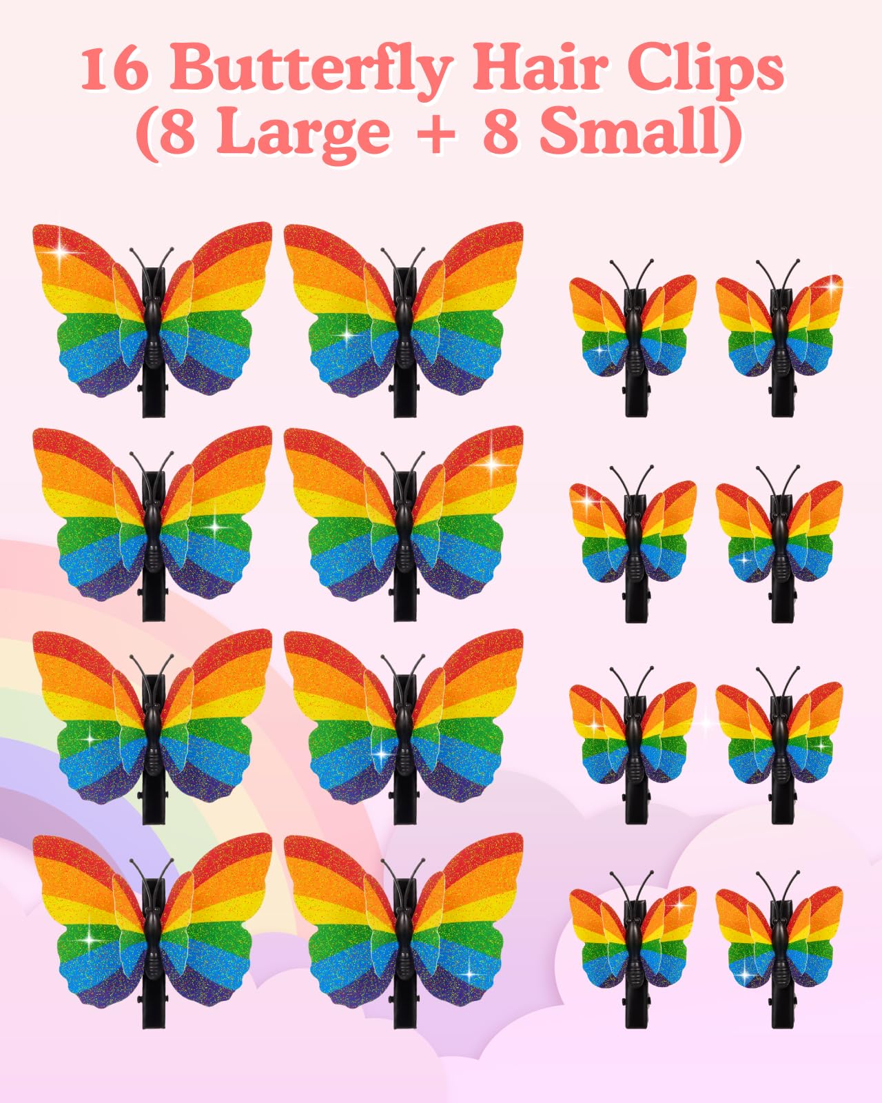 16PCS Pride Rainbow Glitter Butterfly Hair Clips – 8 Large & 8 Small with Foldable Wings for Pride Parade, Rainbow Hair Accessories for LGBTQ Day Celebration Outfit