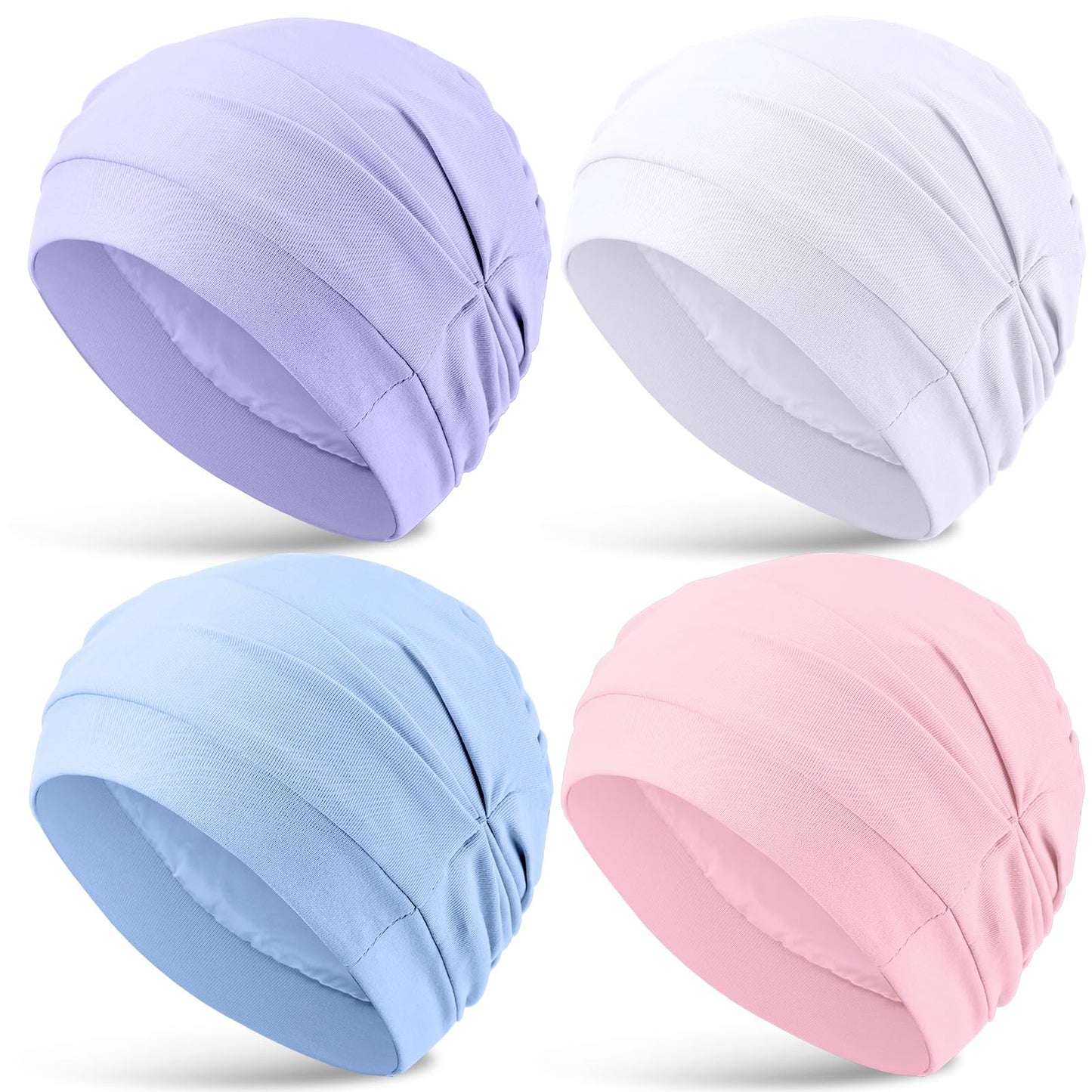 JenPen 4 Pcs Silk Satin Sleeping Bonnet for Women, Soft Chemo Satin Lined Headwear, Stay on All Night Hat for Curly Long Hair(Purple, White, Flesh Pink, Sky Blue)