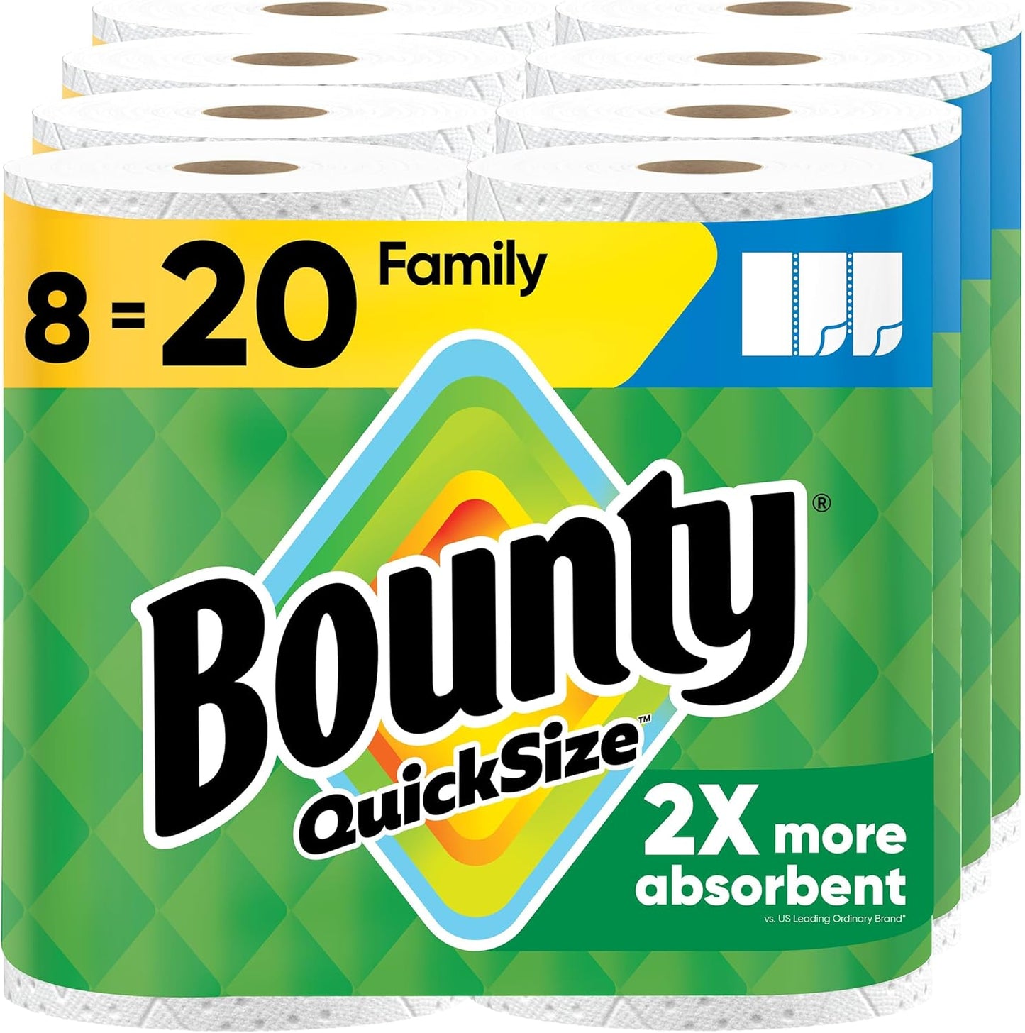 Bounty Quick Size Paper Towels - Super Absorbent White Rolls | 8 Family Rolls