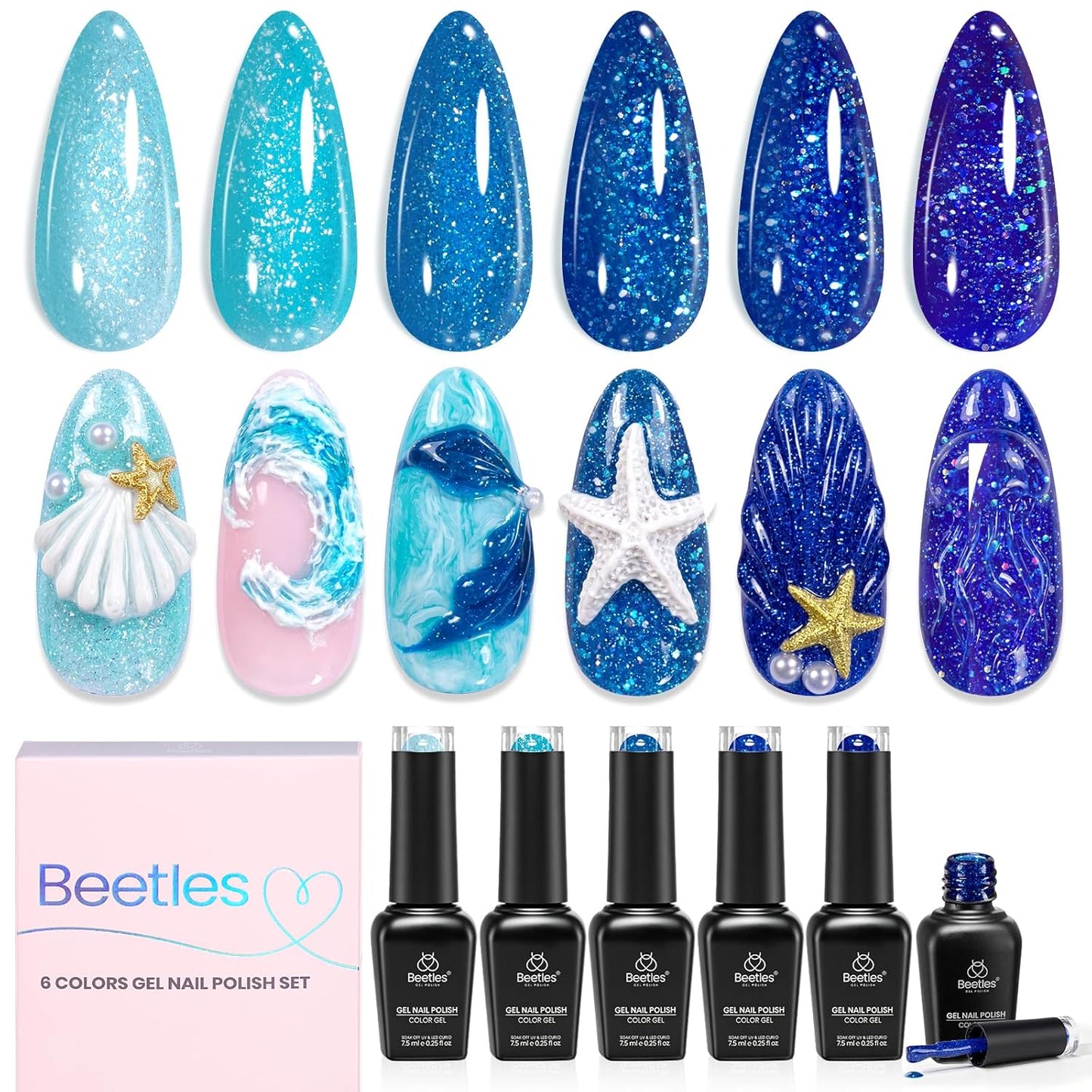 Beetles Green Gel Nail Polish Set - 6 Colors Cat Eye Glitter Gel | Summer Lime Yellow Flash UV LED Starter Kit for DIY Home & Salon Use