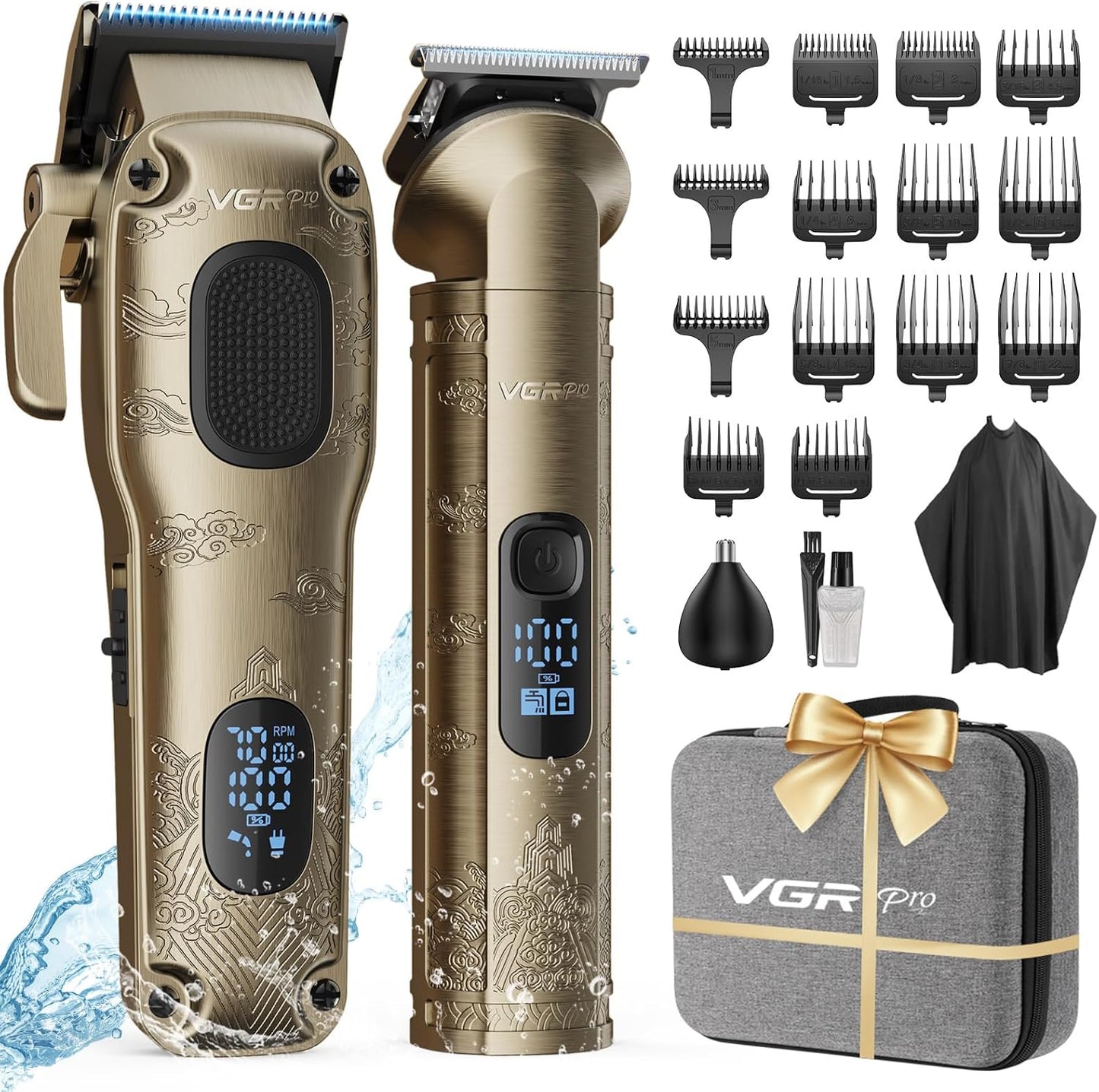 VGRPRO Hair Clippers for Men - Professional Cordless Hair Cutting Set | Electric Trimmer with Case (Golden)