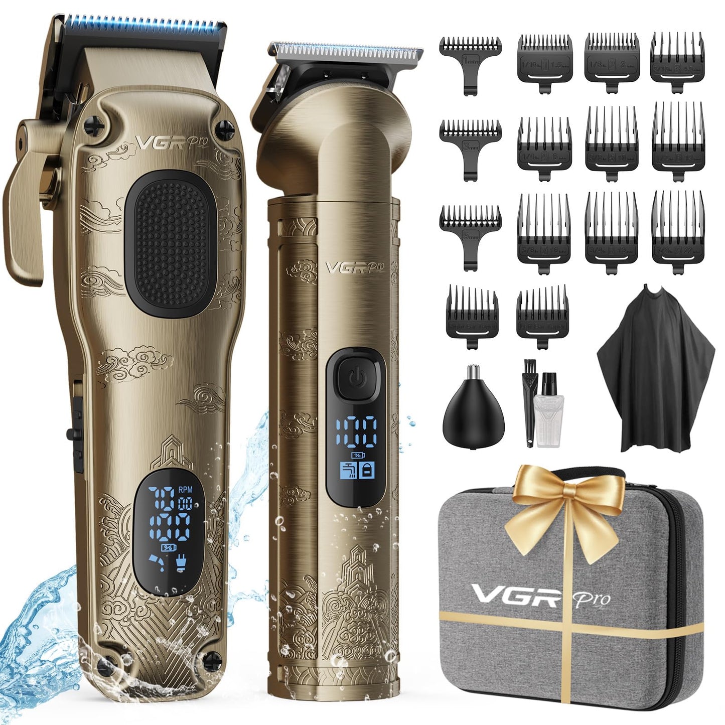 VGRPRO Hair Clippers for Men Professional, Cordless Hair Clippers for Hair Cutting, Mens Clippers and Trimmers Set, Electric Hair Trimmer for Men with Package Case (Gloden)