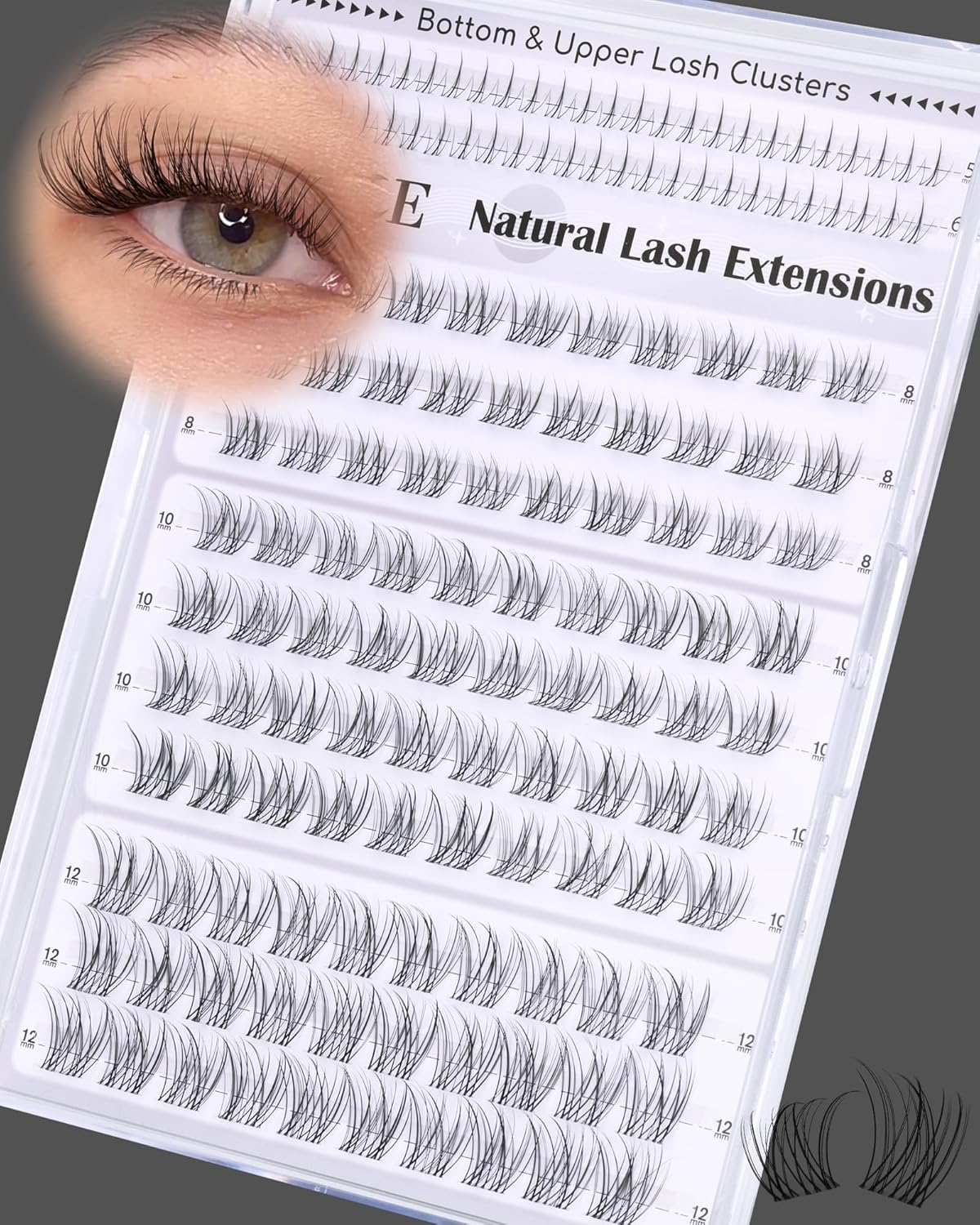Eyelash Clusters - Natural Short Wispy Extensions 8-12mm | Individual Lashes with Clear Band & 5-6mm Bottom Lashes