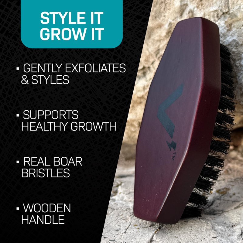 VOLT Grooming Octo Beard Brush for Men, 100% Natural Boar Bristle Brush with Wooden Handle, Medium Hardness, Detangles, Softens & Styles for Beard Care, Compact Travel Size, Short to Medium Beards