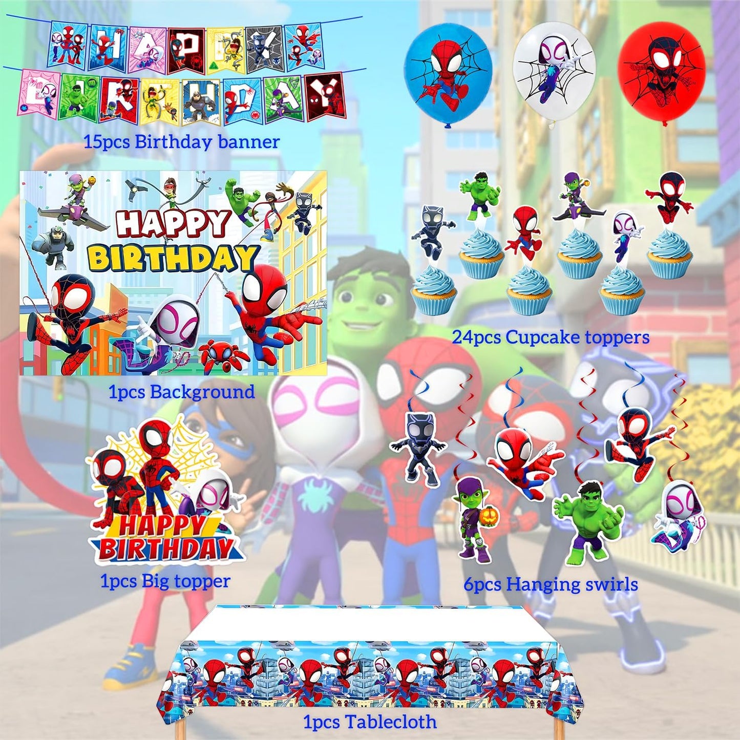 Spider-Man Party Decorations - Complete Spidey Theme Supplies with Banner, Backdrop, Table Cover, Cake Toppers & Balloons | Perfect for Kids' Birthday Celebrations