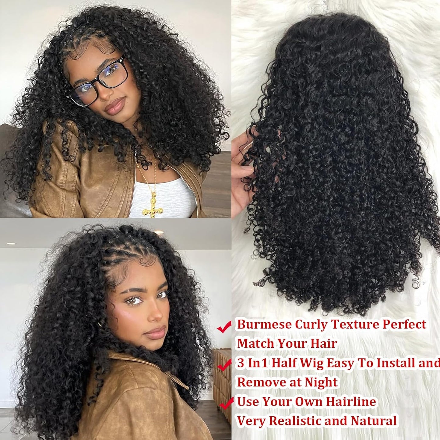 Burmese Curly Half Wig - 300% Density Human Hair | 12-Inch Clip-In, Seamless & Glueless for Easy Wear