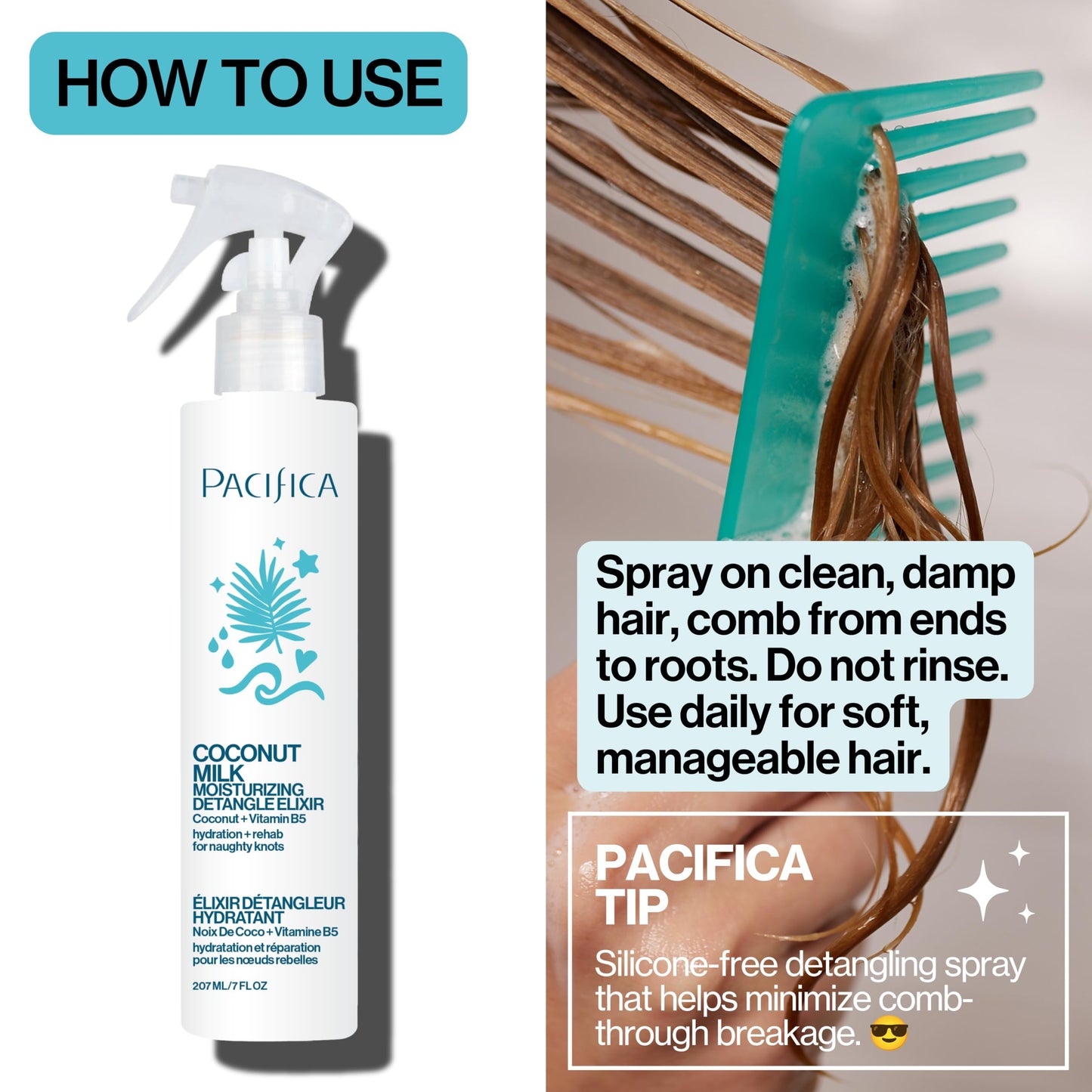Pacifica Coconut Milk Hair Detangler Spray – Leave-In Conditioning Elixir for Tangle-Free Hair – Instantly Detangles Knots, Adds Shine & Moisture, Prevents Breakage & Frizz – Vegan & Cruelty-Free