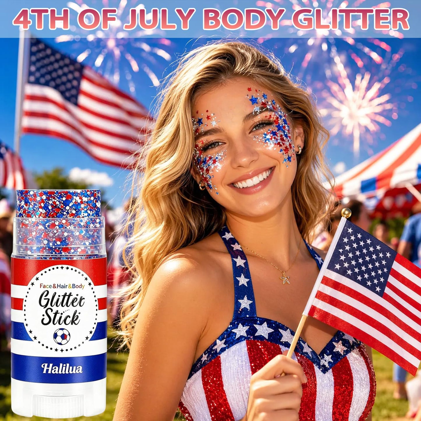 4th of July Glitter Stick, Body Hair Face Glitter Stick, Fourth of July Outfits and 250th Anniversary Accessories, Patriotic USA Flag Accessories for Women, Red White and Blue Waterproof Hair Glitter