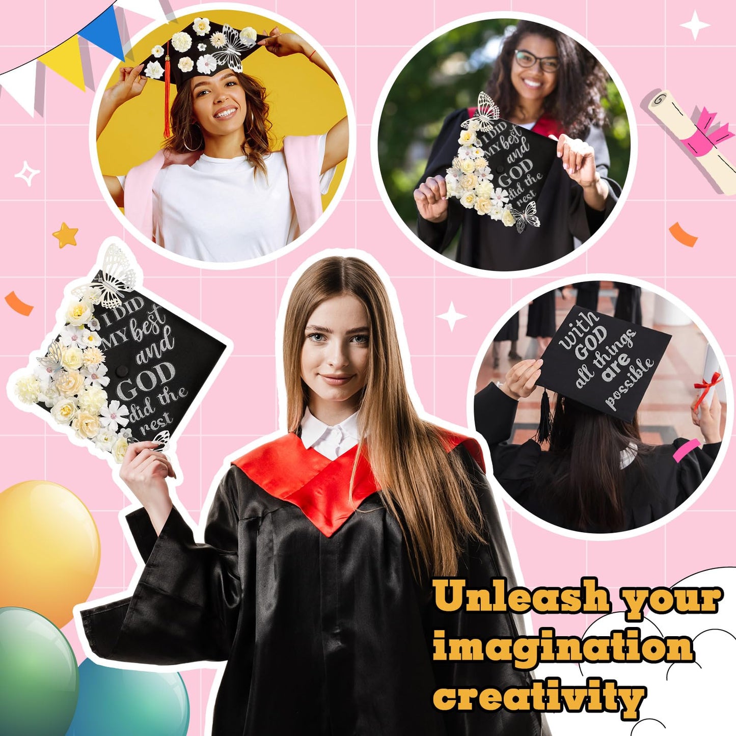 Feifeiya 36 Pcs DIY 2026 Graduation Cap Decorations Accessory Kit Include Faux Flower Heads Graduation Quotes Glitter Stickers 3D Butterfly for Grad Cap Topper DIY Gift(Silver,Inspirational)