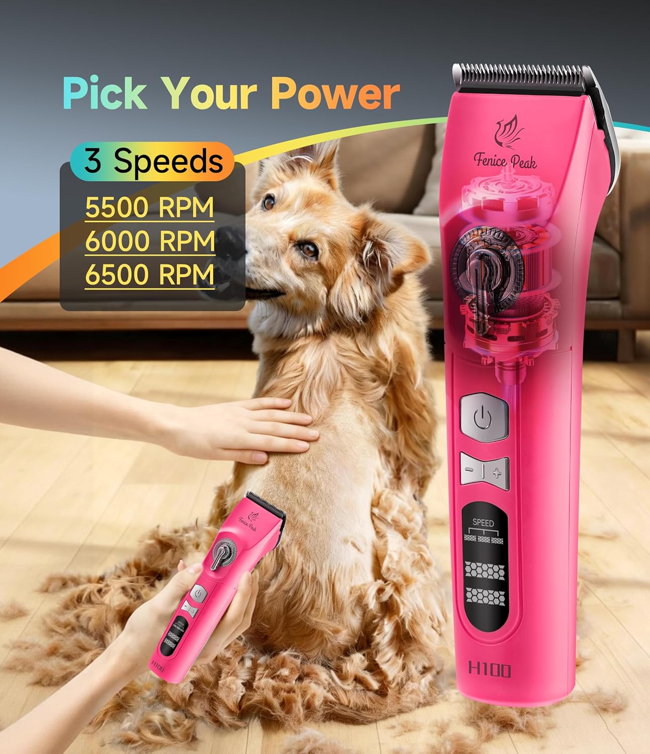 Cordless Dog Grooming Clippers - 12-Hour Runtime, 3-Speed Quiet Electric Trimmer for Thick & Curly Coats | Pink