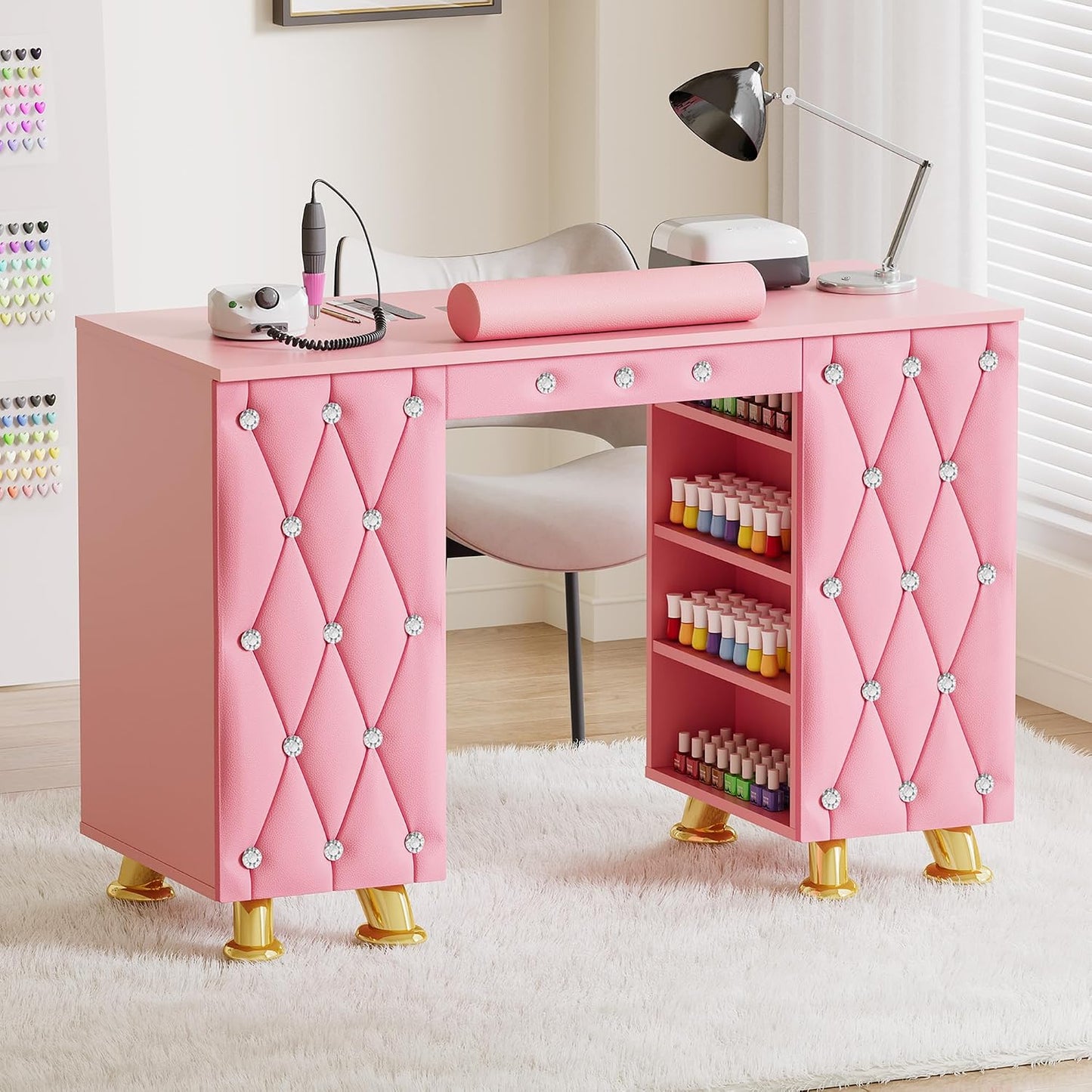 Manicure Table - Nail Desk with Dust Collector & Wrist Rest | Acetone Resistant Workstation with Drawers & White Leather Pad