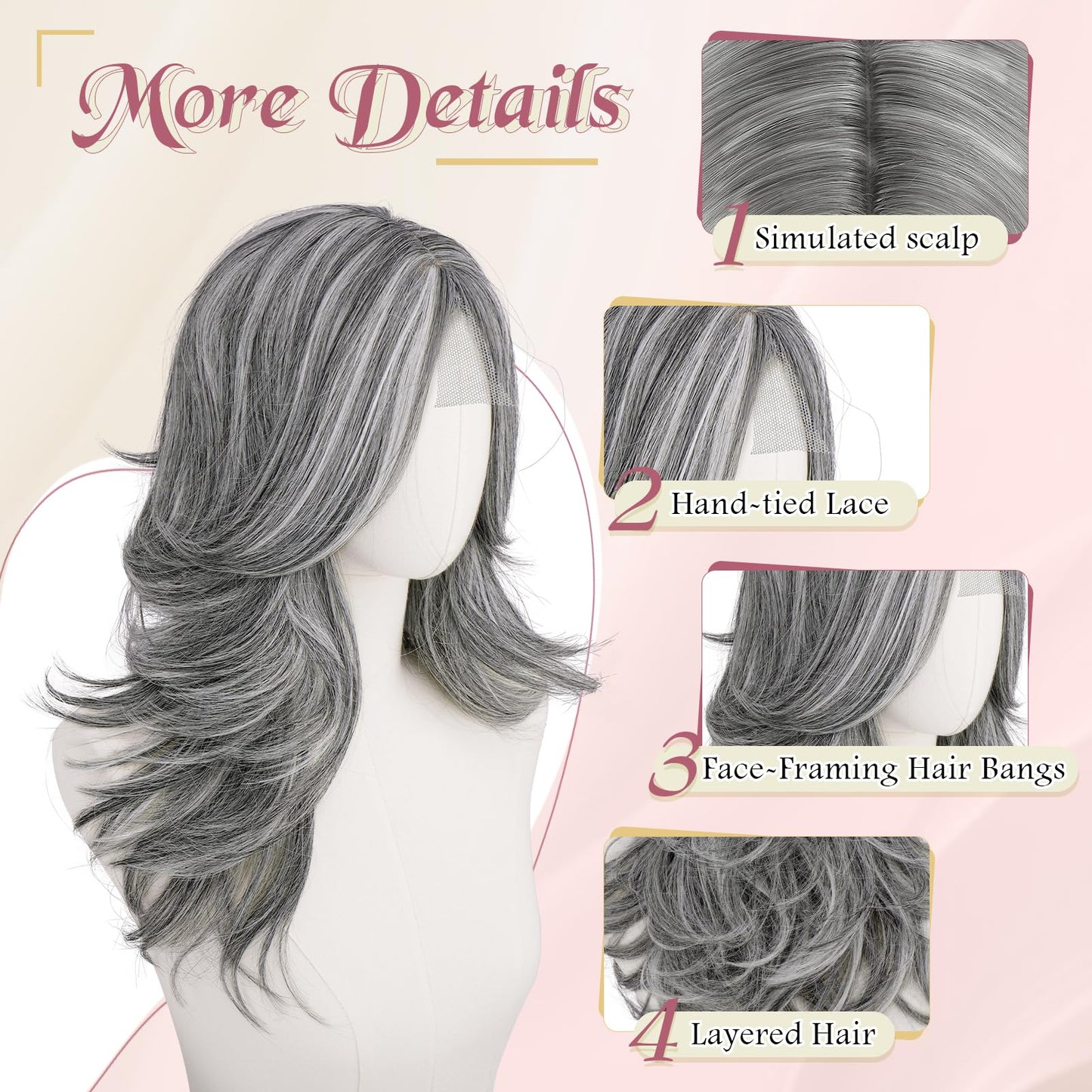 Haloo Grey Layered Wigs with Curtain Bangs Lace Front Hairline Long Wavy Natural Looking Middle Part Synthetic Hair Wig for Women Daily Party Costume, 20 Inch