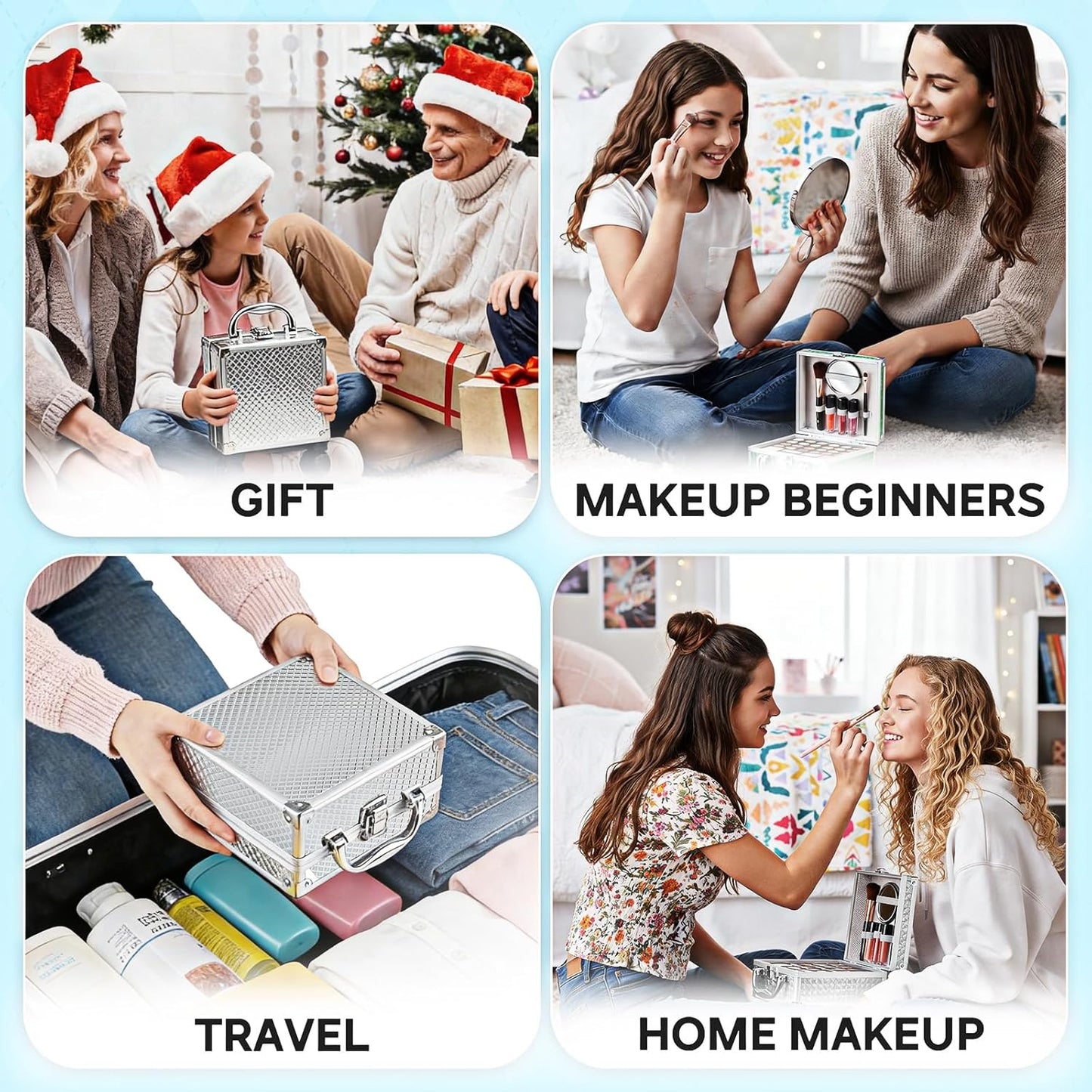 Beginner Makeup Kit for Teens - 24-Color Eyeshadow Palette, Blush, Bronzer & Brushes | Small Cosmetic Train Case Included