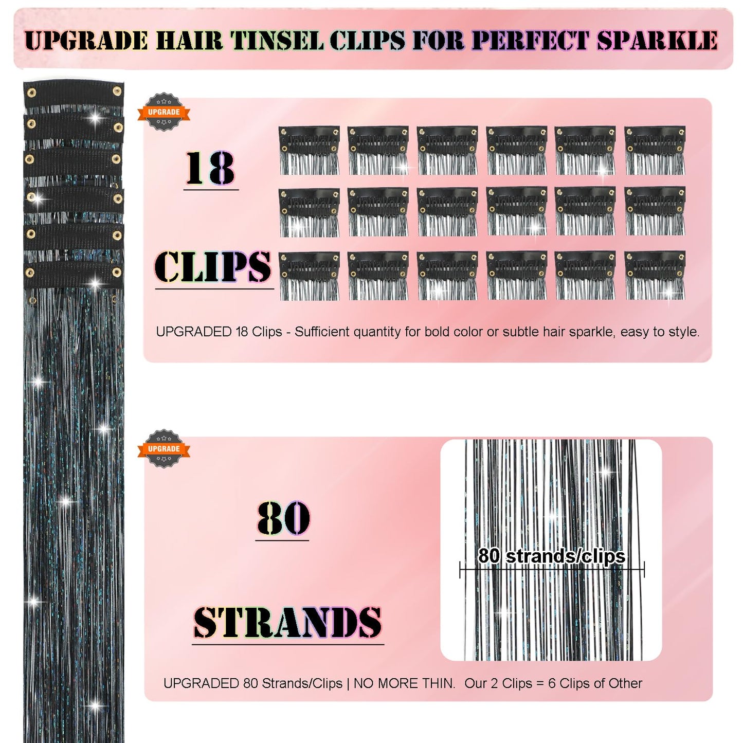 Aouuhe Hair Tinsel Kit 18 Pcs Clip in Hair Tinsel 20.5 Inch Glitter Fairy Tinsel Hair Extensions Clip in Black Sparkle Heat Resistant Daily Party Festival Hair Accessories for Women Girls (Black)