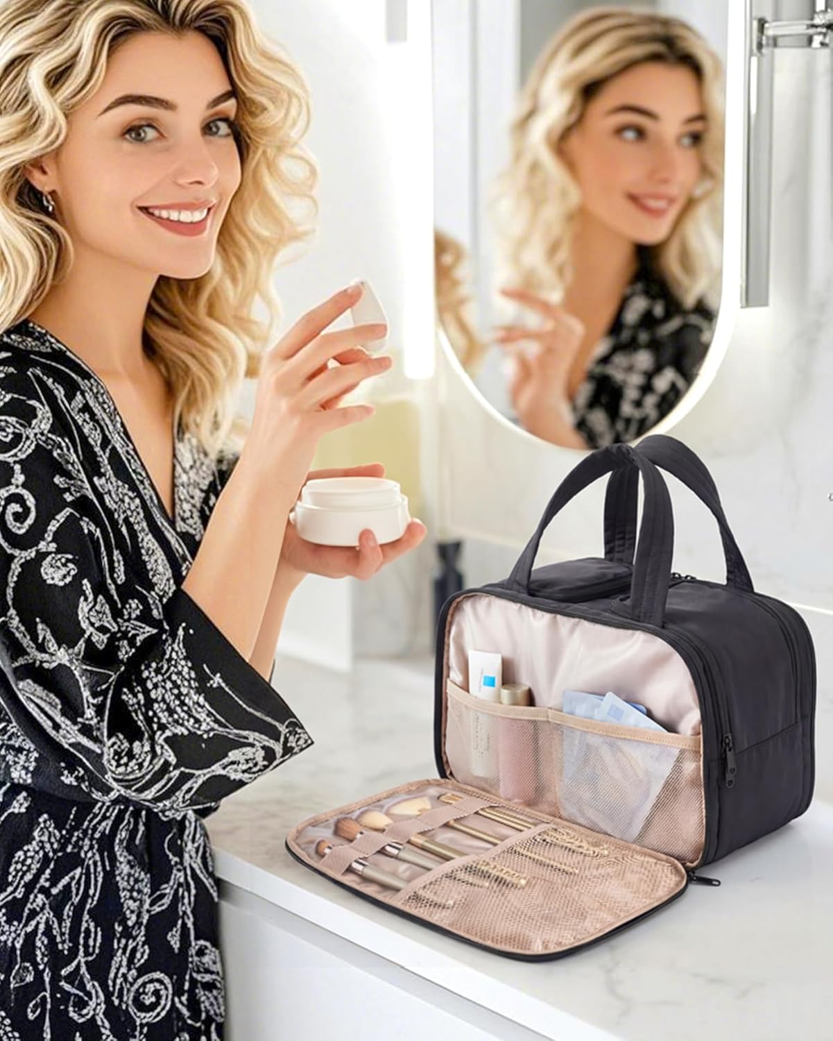 Travel Toiletry Bag - Large Lightweight Cosmetic Organizer for Women | Black, Perfect for Travel Essentials