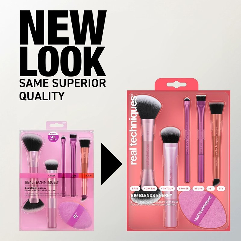 Real Techniques Big Blends Brush Set - 6-Piece Makeup Brush & Puff Kit for Foundation, Concealer, Powder | Travel-Friendly, Vegan