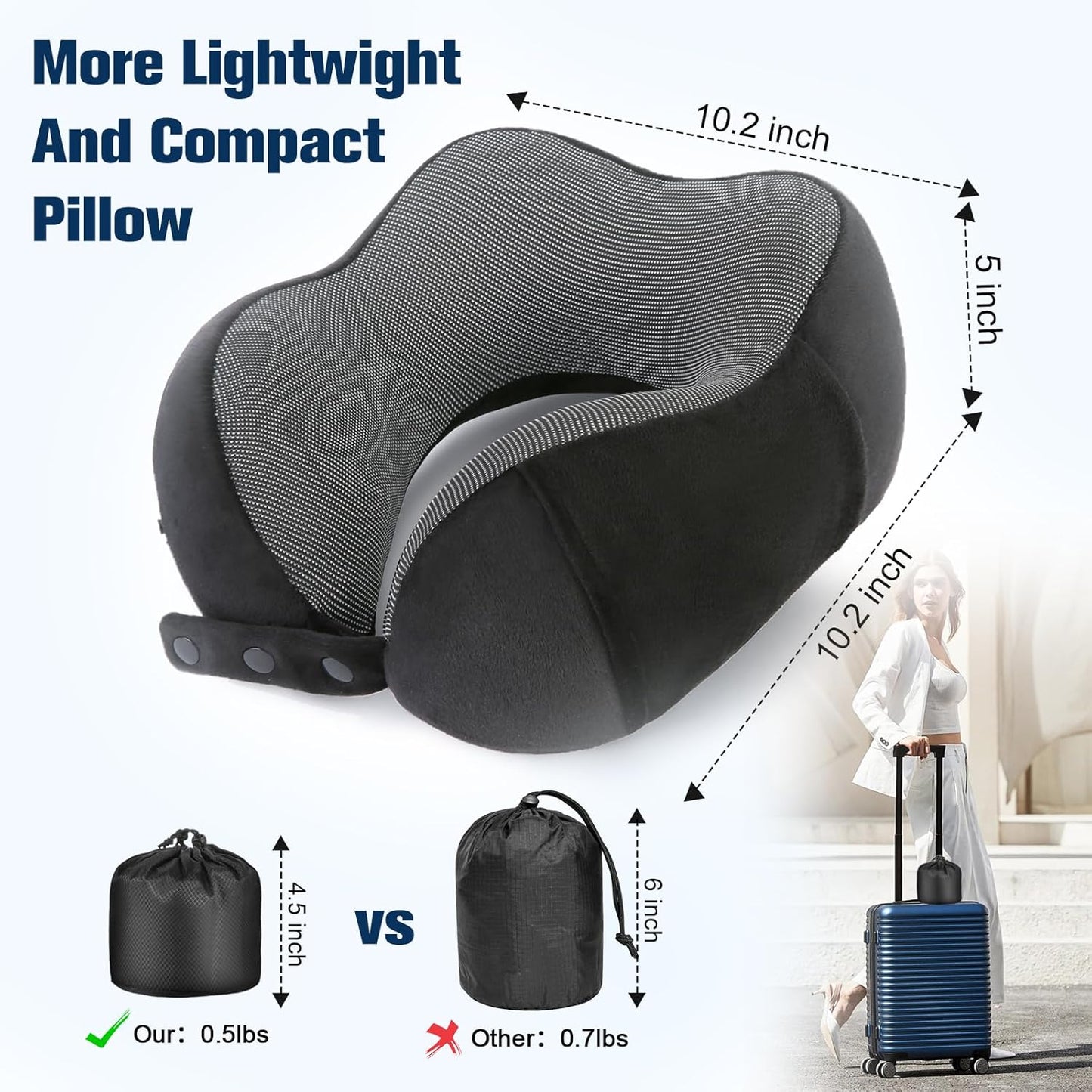Travel Neck Pillow - 100% Pure Memory Foam with Eye Mask & Earplugs | Adjustable & Portable for Airplanes