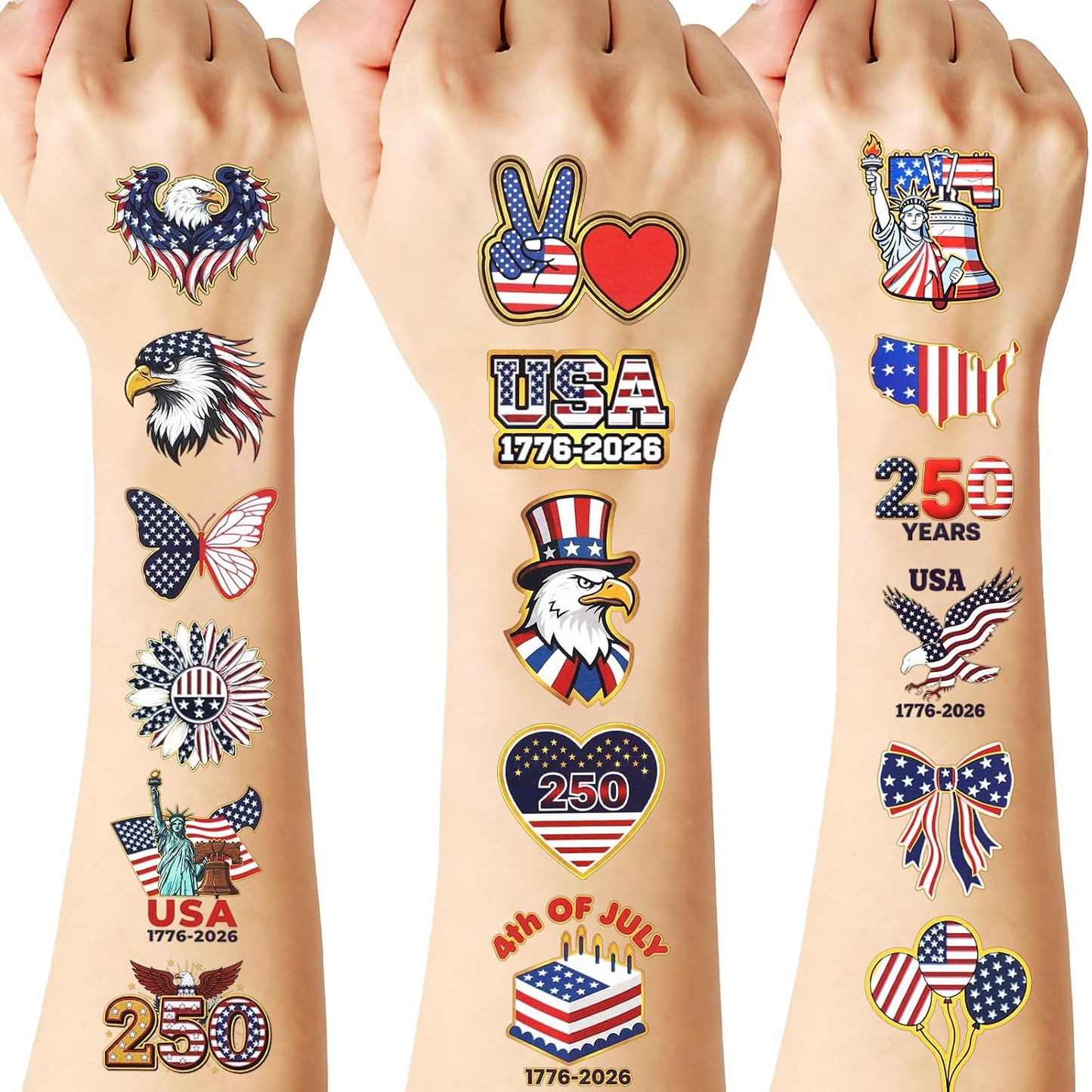 USA Temporary Tattoos - 250th Anniversary American Flag Stickers | 15 Sheets, 60 Styles for 4th of July Decor