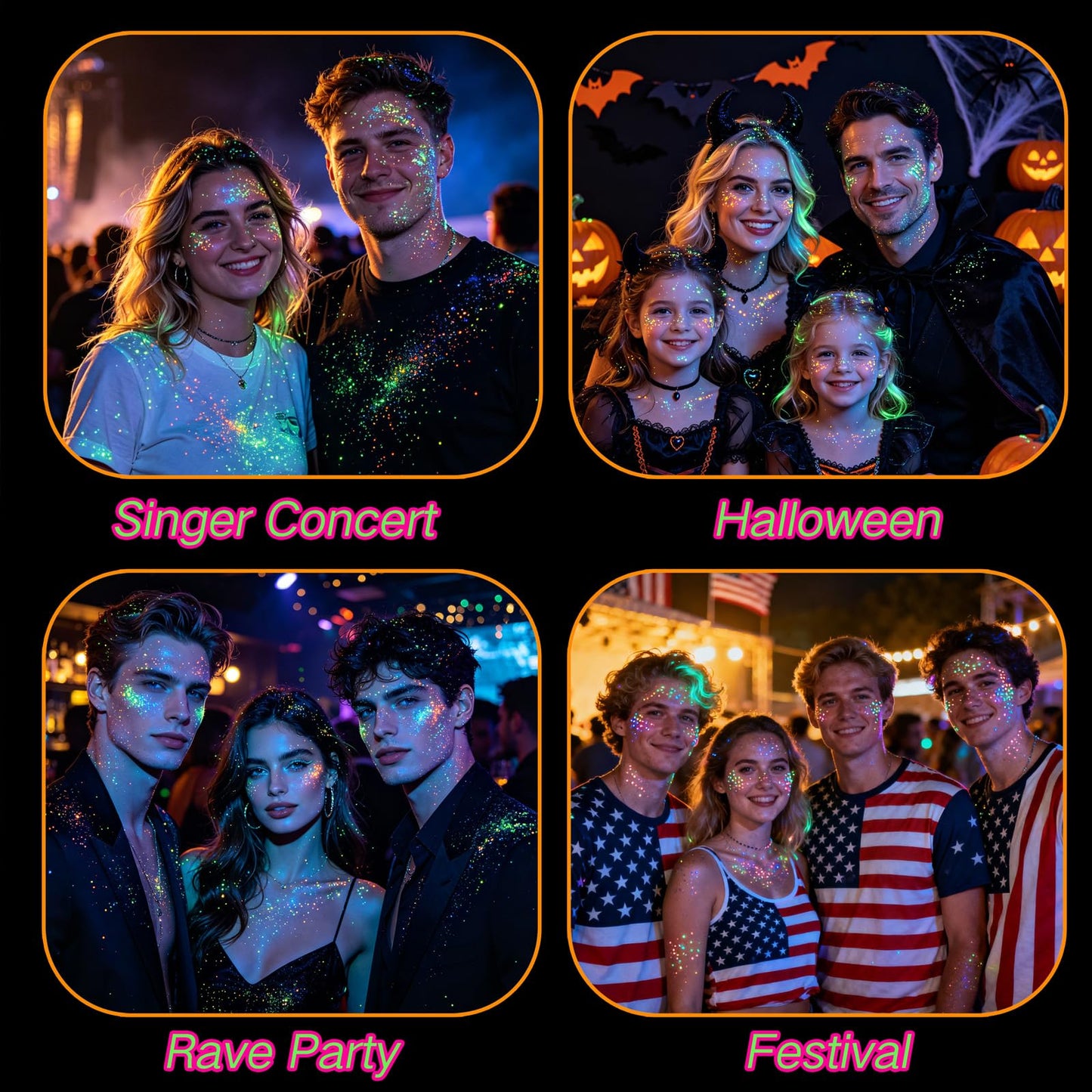 Paminify 4 PCS Glow Face Body Glitter Gel,Rave Accessories Outfits for Women,Glow in the Dark Neon Hair Glitter for Kids,Halloween Carnival Festival Essentials UV Black Light